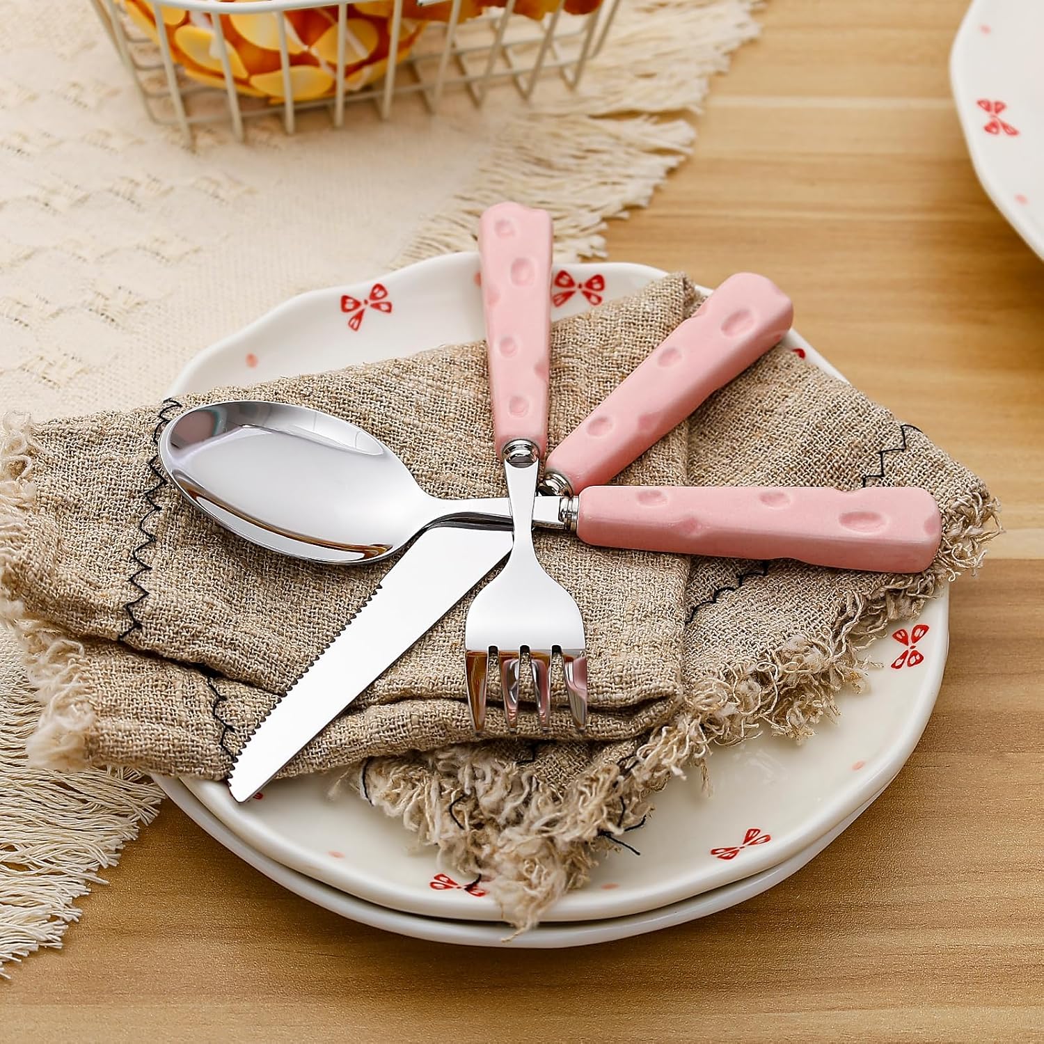 Koythin 4-Piece Stainless Steel Cutlery Set, Pink Cheese Ceramic Flatware image 3
