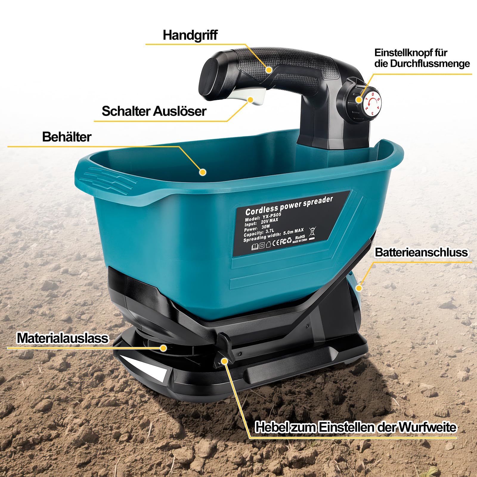 YEX-BUR Düngerstreuer für Makita 18V Lithium-Akku, Tragbar Handstreuer mit 5-stufige Drehzahlregulierung, 3,7 L, deckt bis zu 8.000 sq. ft. ab (ohne Akku)