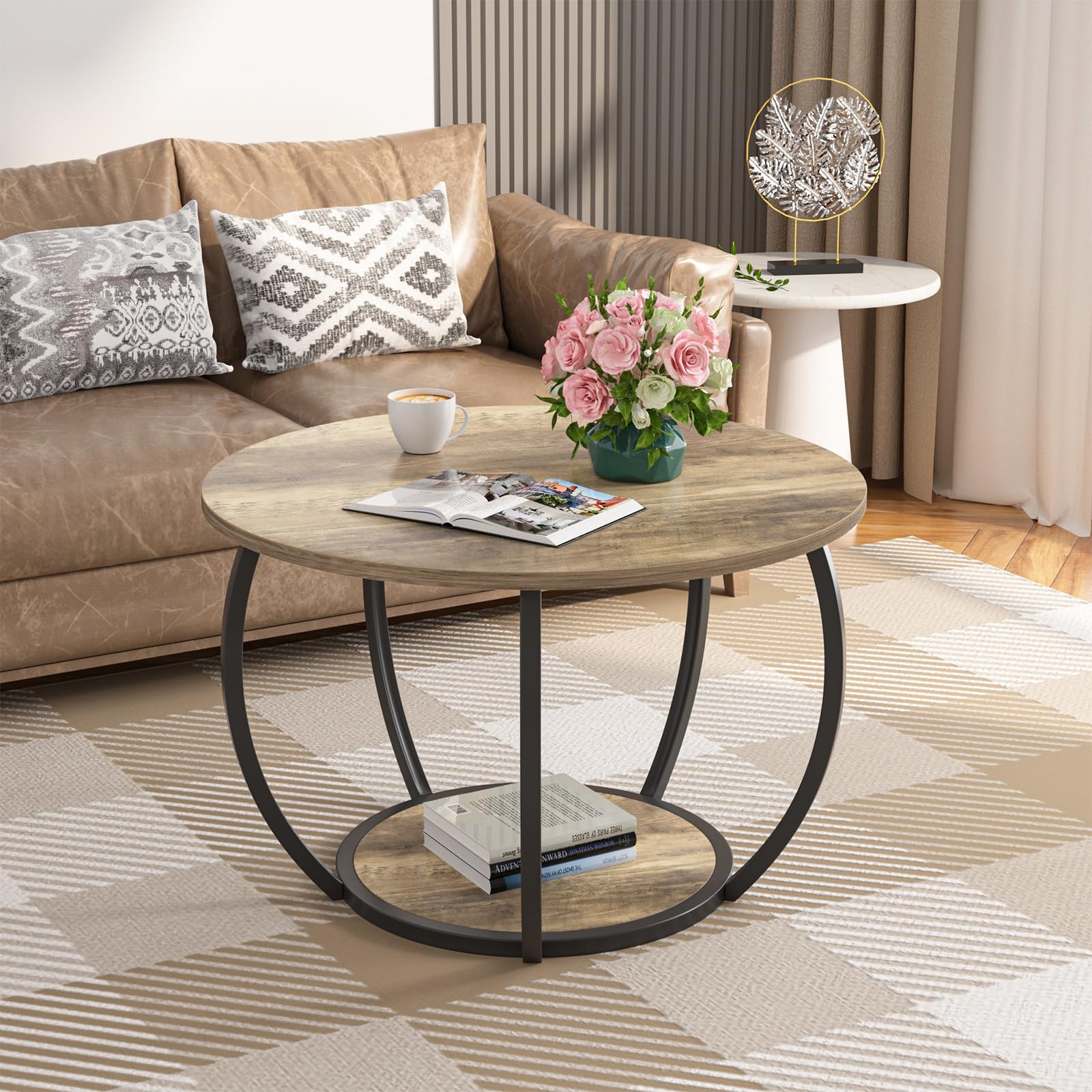 GreenForest Round Coffee Table with 2-Tier Open Storage 27 6 inch Small Circle Coffee Tables with Adjustable Feet