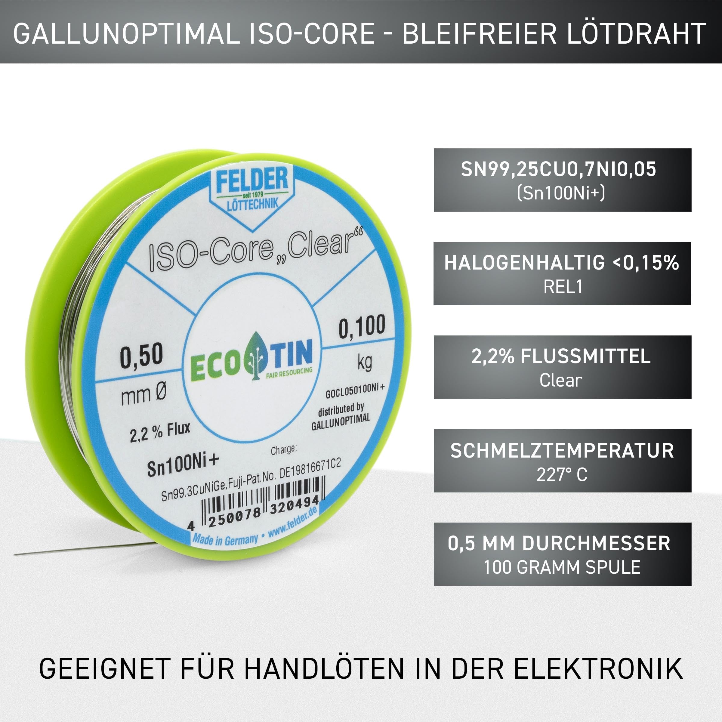 Felder FCL050100Ni+ - Filo per saldatura ISOCore, Clear Sn100Ni+ Sn99,3CuNiGe, 0,5 mm su bobina da 100 g