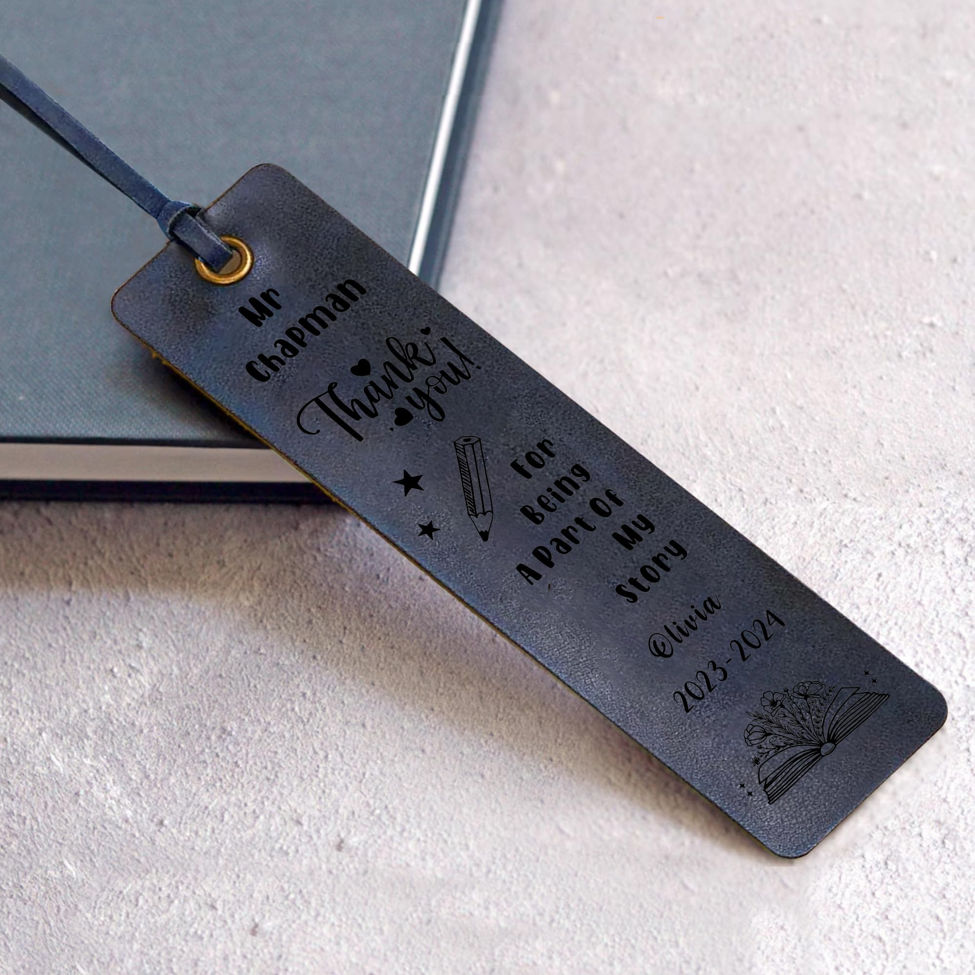 Personalised Teacher Gifts Engraved Leather Bookmark Thank You Gifts Book Marks Teacher Appreciation Gifts for Book Lovers Women Men Teacher Tutor (Blue, Design 1)