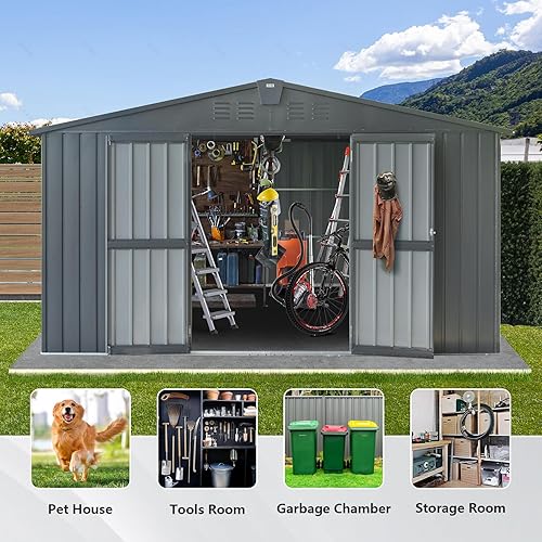 Miniatura 5 de Domi - Cobertizo de almacenamiento para exteriores de 11 x 9 pies, cobertizos de metal para almacenamiento al aire libre con puertas bloqueables y