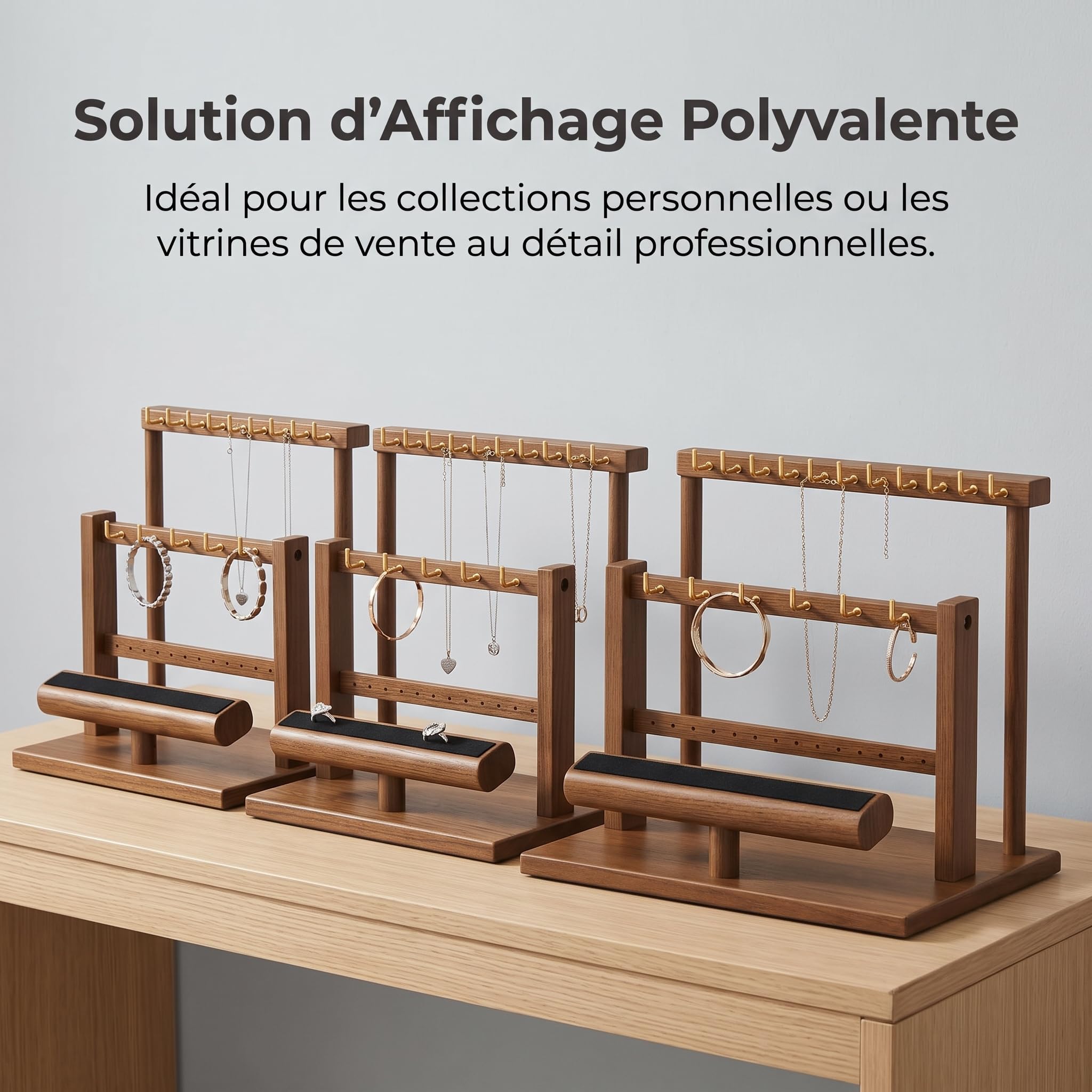TISHITA Support à Bijoux Table avec ux Tiges Suspendues et Plateau Intégré pour Rangement sans Encombrement sur Comptoir, Noyer, deux barres, Grand, 35x20x25.3cm