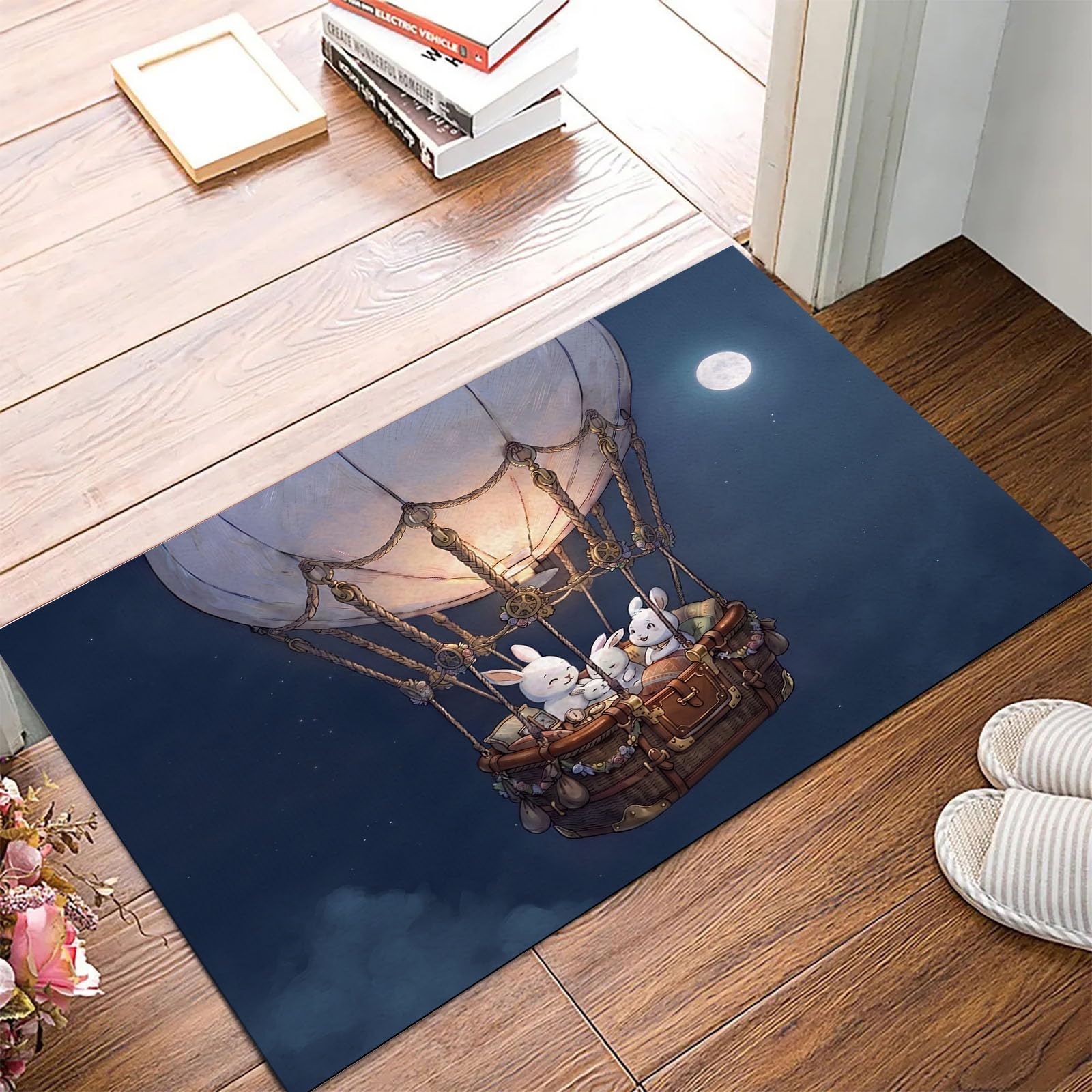 Paillasson lapin montgolfière bleu pour décorer votre entrée ou la chambre d'enfant