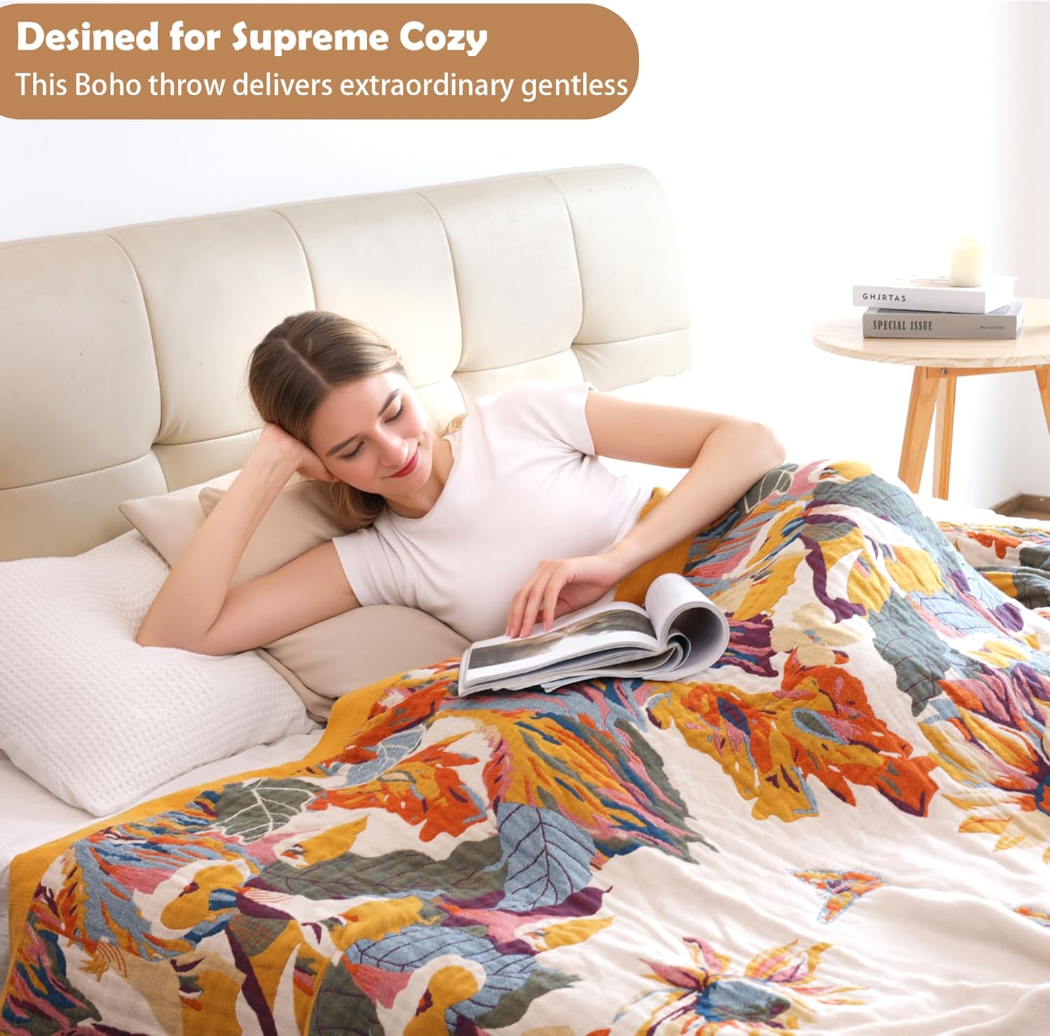 Boho Throw Blanket 60" x 80", 100% Organic Cotton Skin-Friendly Lightweight Ultra Soft Bed Quilt Throw - Spring Floral Butterfly Farmhouse Decor Blanket for Sofa Couch Chair and Gift. - Image 8