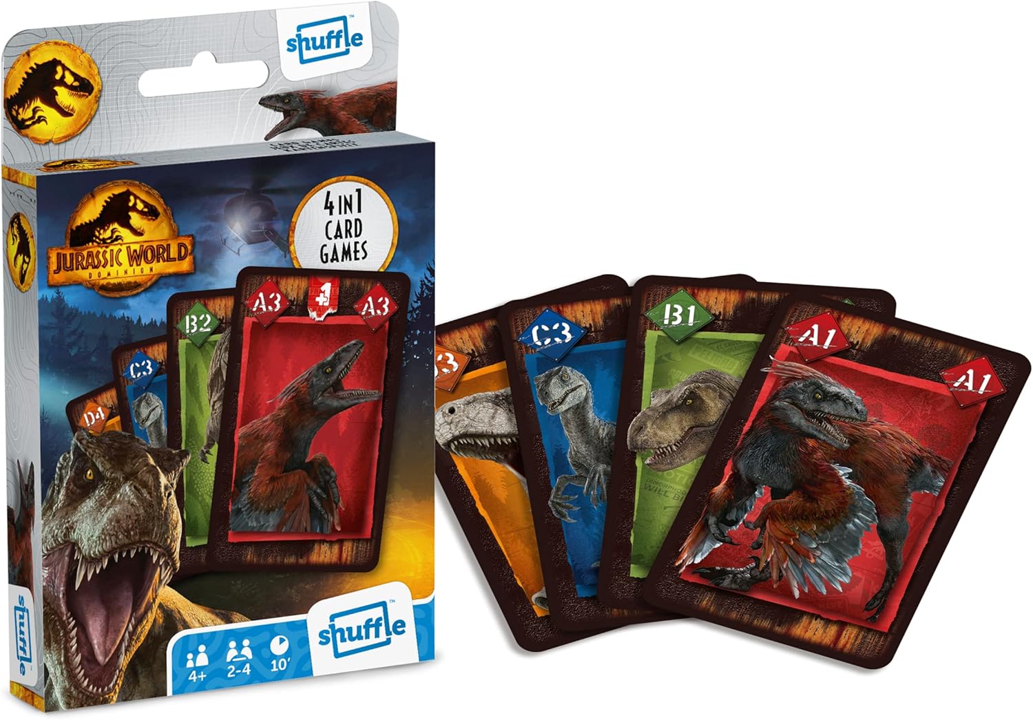 Jurassic World Card Game for Kids - 4 in 1 Snap, Pairs, Happy Families & Action Game, Game Guide Included, Great Gift for Kids Aged 4+