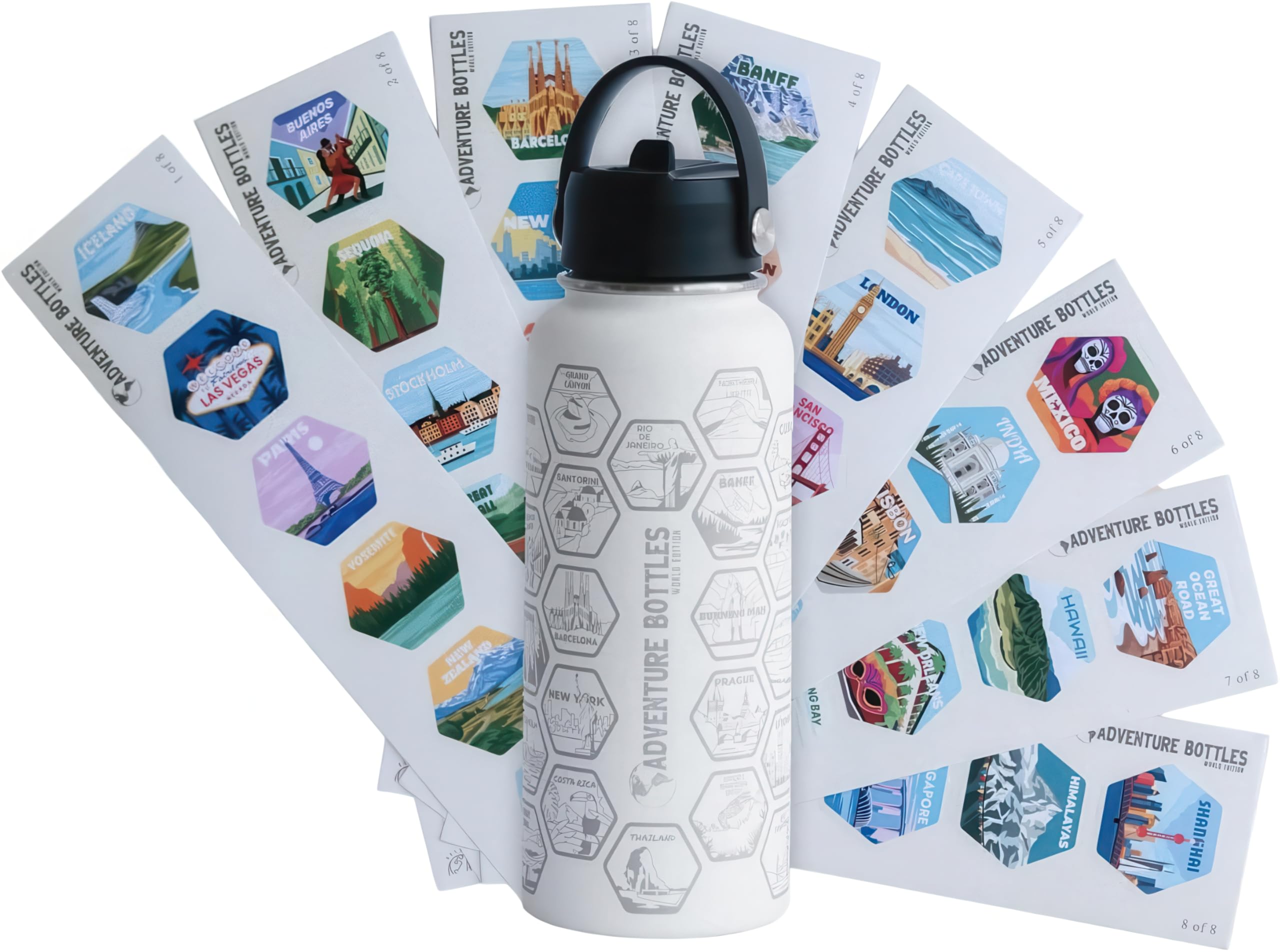 Awesome Maps Adventure Bottle - Personalisierbare Trinkflasche Reise Stickern, 1L Edelstahl, BPA-frei, auslaufsicher - Reise Geschenk für Männer und Frauen