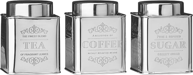 Premier Housewares Coffee Tea Sugar Set Stainless Steel Sugar Tea And Coffee Containers Grey Tea Coffee And Sugar Canisters Set Set of Three 12x10x10