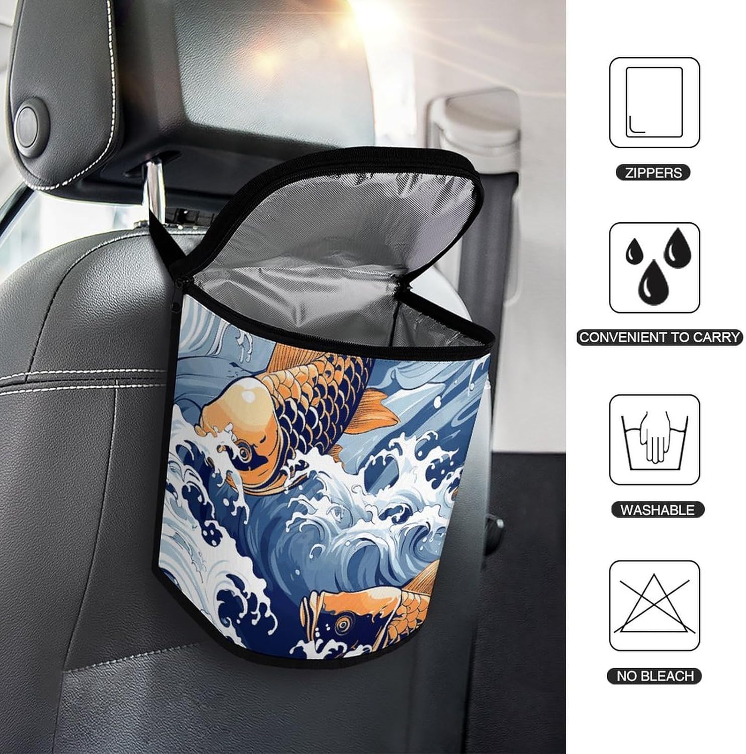 Hanging Car Trash Bag Carp with Wave Patterned Printed Car Garbage Storage Bag Leakproof Car Trash Can Portable Garbage Storage Bags