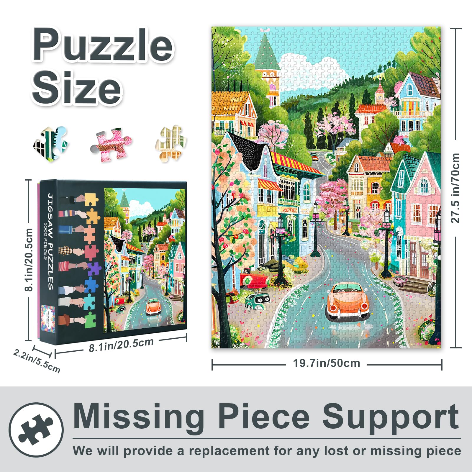 1000 Pieces Jigsaw Puzzle for Adults European Cartoon Fairy Tale Town with Orange Car Puzzles Games for Adults Hard Challenging - Image 3