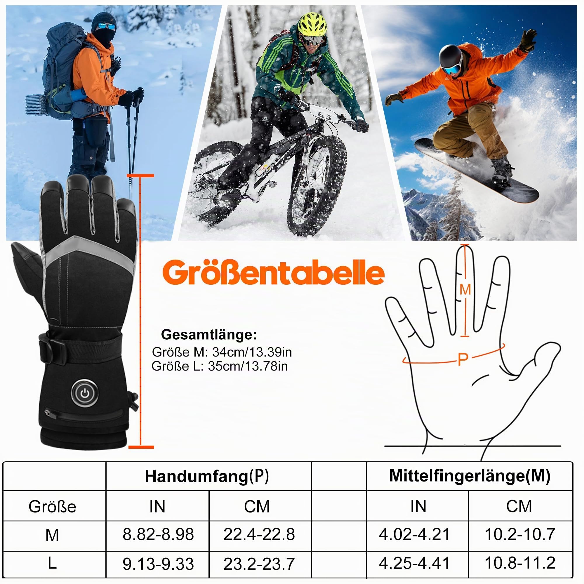 Beheizte Handschuhe für Männer und Frauen, 6000 mAh Akku, wiederaufladbare Handwärmer-Handschuhe mit Touchscreen, wasserdicht, elektrisch, beheizter Skihandschuh für Winter, Outdoor, Arbeit, Jagd