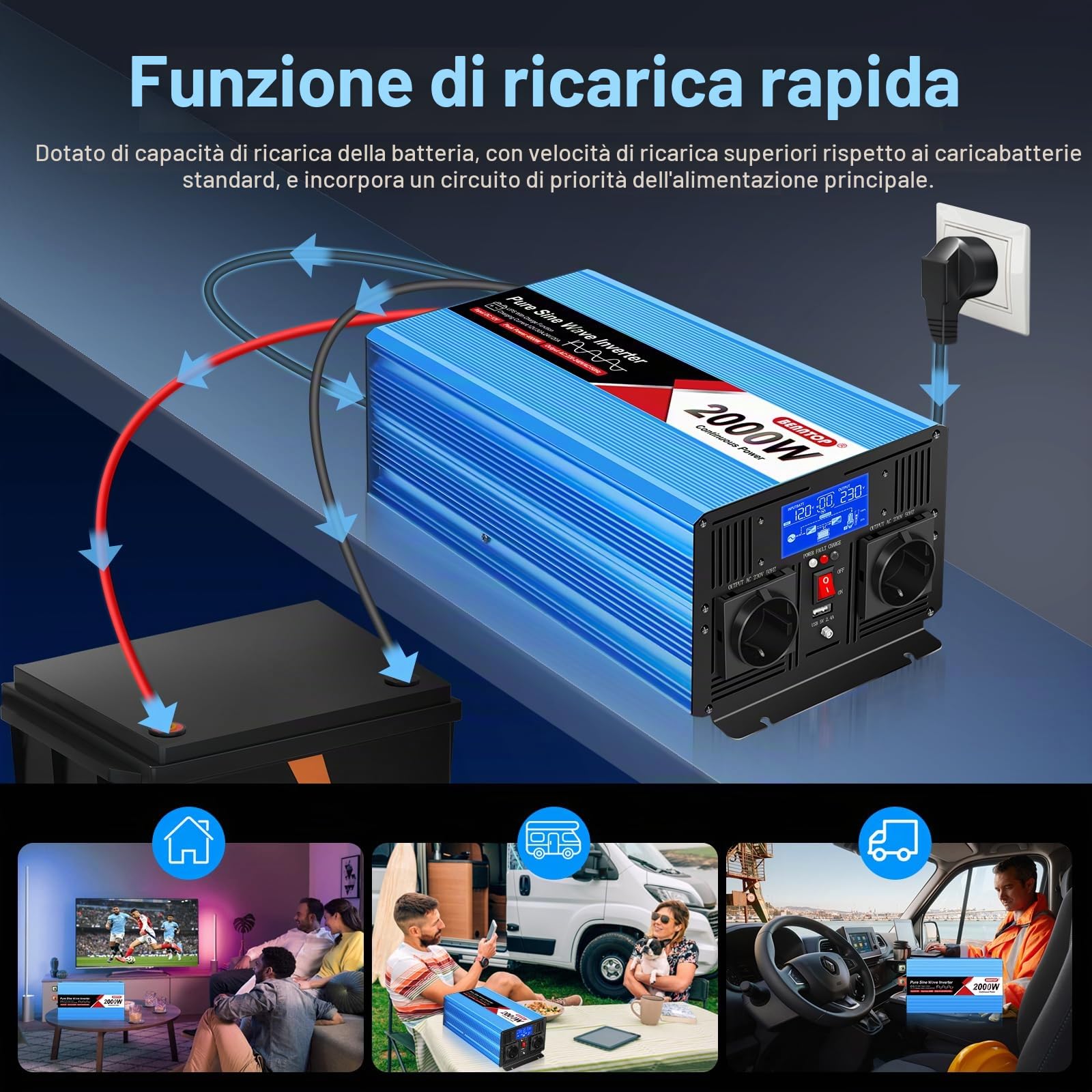 2000/4000W Inverter 12V 220V onda pura | UPS Senza interruzioni, corrente di carica da 30 A, LCD Intellgent & porta USB, 2 EU per Camper, Casa, Emergenze