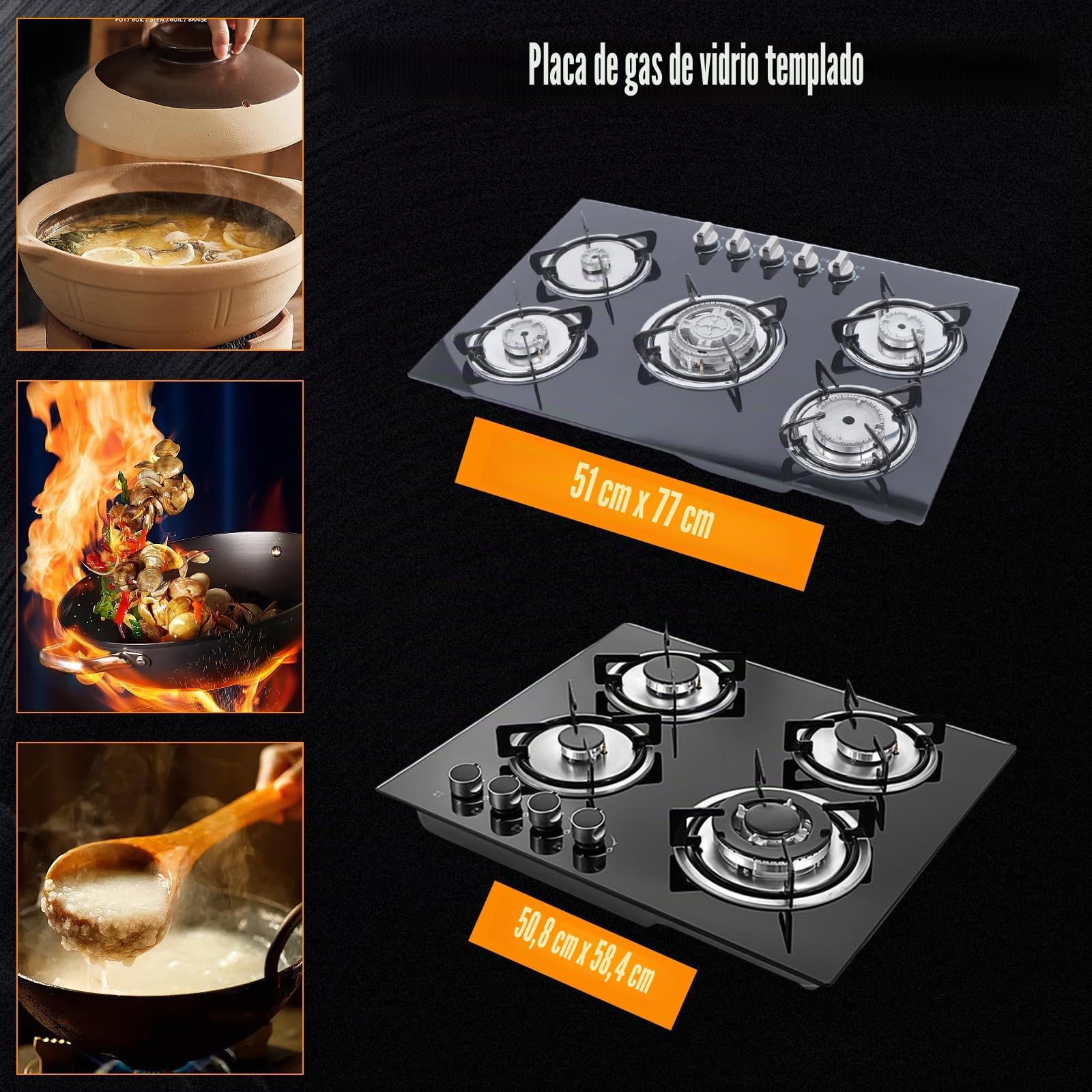 Cocina de gas con 5 fuegos, empotrable, cristal templado, 5 zonas, gas natural, 77 cm, con protección automática de llama para uso doméstico, color negro