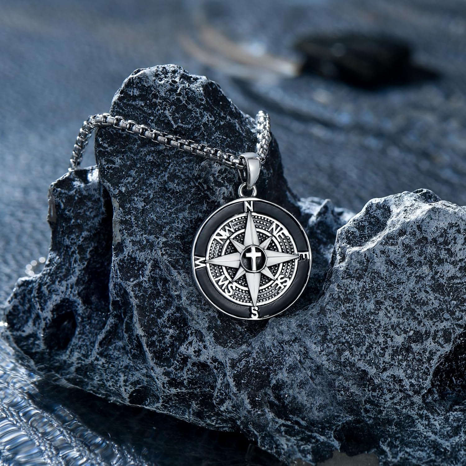 925 Sterling Silver Compass Necklace for Men, w/Stainless Steel Chain 22+2 Inch - Image 3