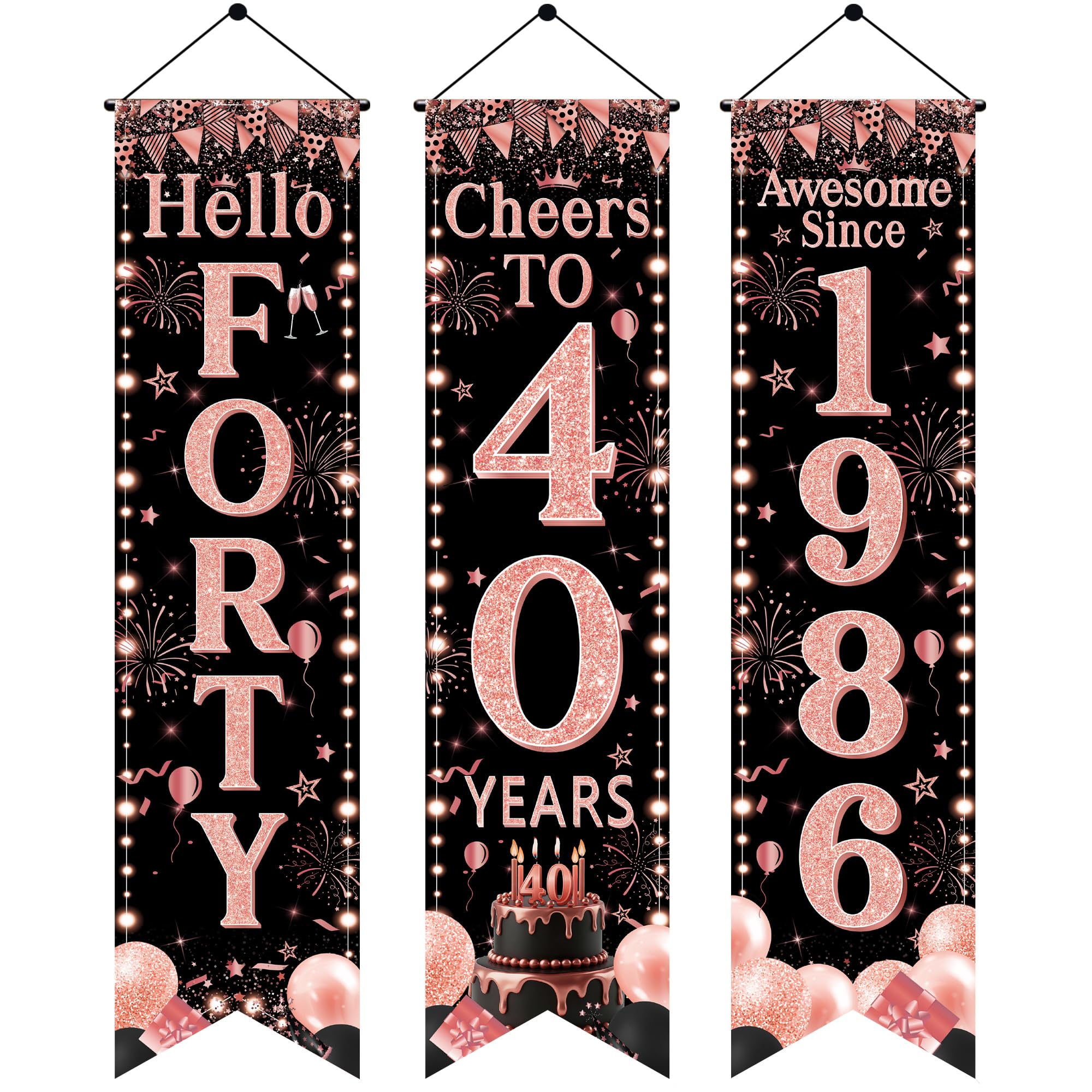 40th Birthday Door Banner Decorations - Black Rose Gold Hello Forty Porch Signs 3.9x0.9ft, 3Pcs Cheers to 40 Years Awesome Since 1986 Hanging Banners for 40th Birthday Party Decor