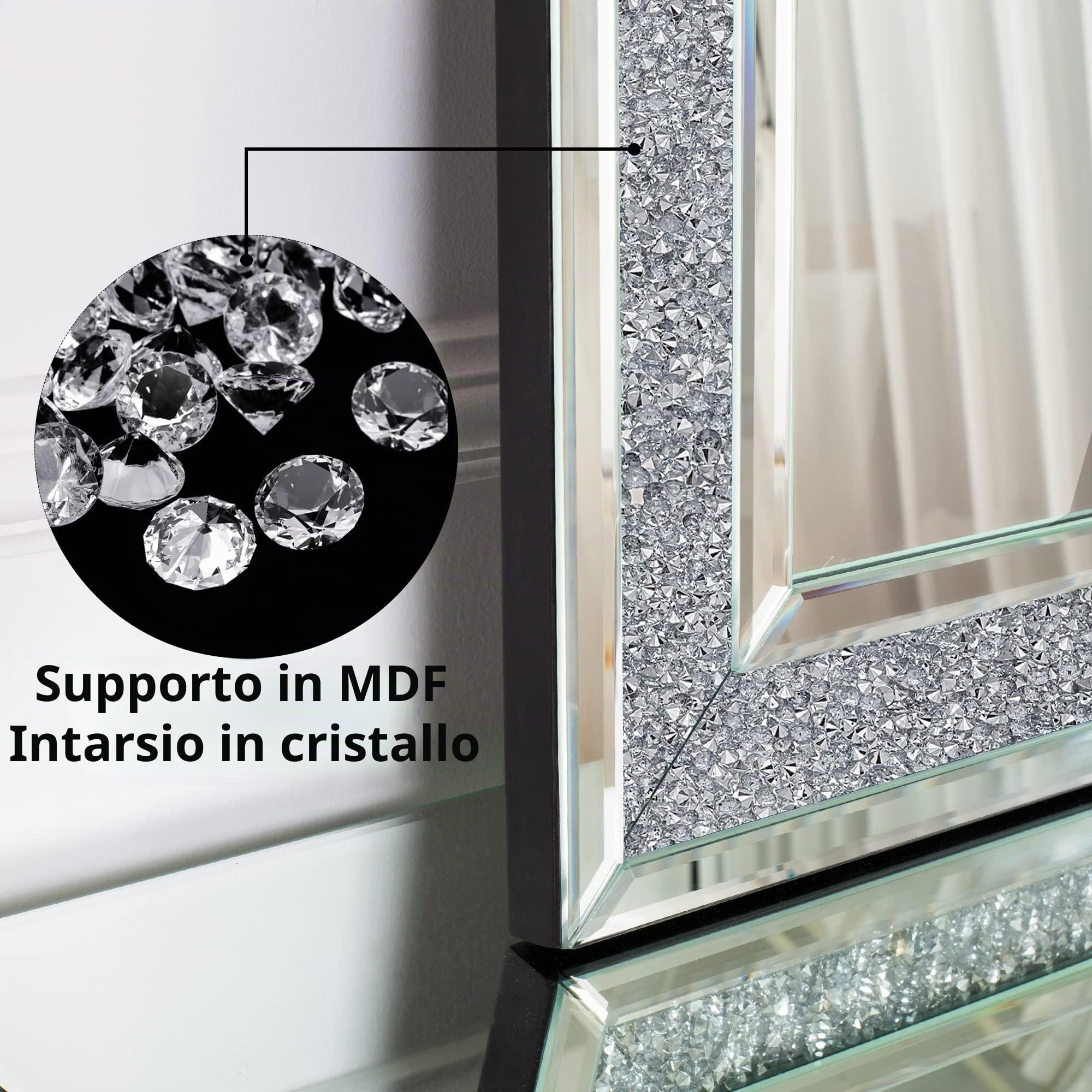SHYFOY Specchio da Parete Rettangolare | Specchio Decorativo da Parete con Decoro Diamante in Cristallo | Specchio Grande e Lussuoso per Bagno Soggiorno Camera da letto Ingresso | 90 x 60 cm |