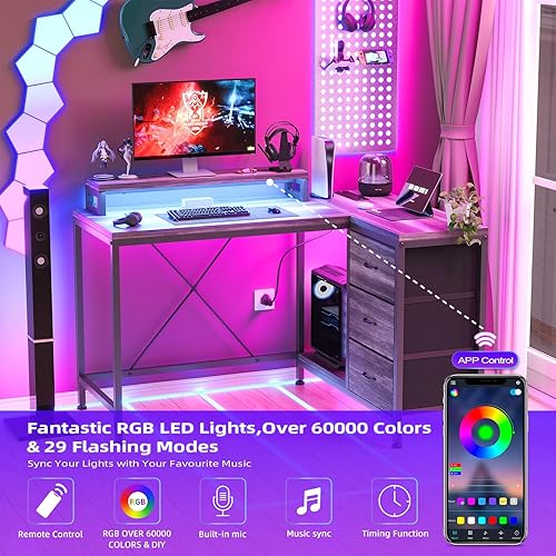 Miniatura 5 de Escritorio en forma de L con tomas de corriente y luces LED, escritorio de computadora con cajones y estantes, escritorio de esquina para juegos y