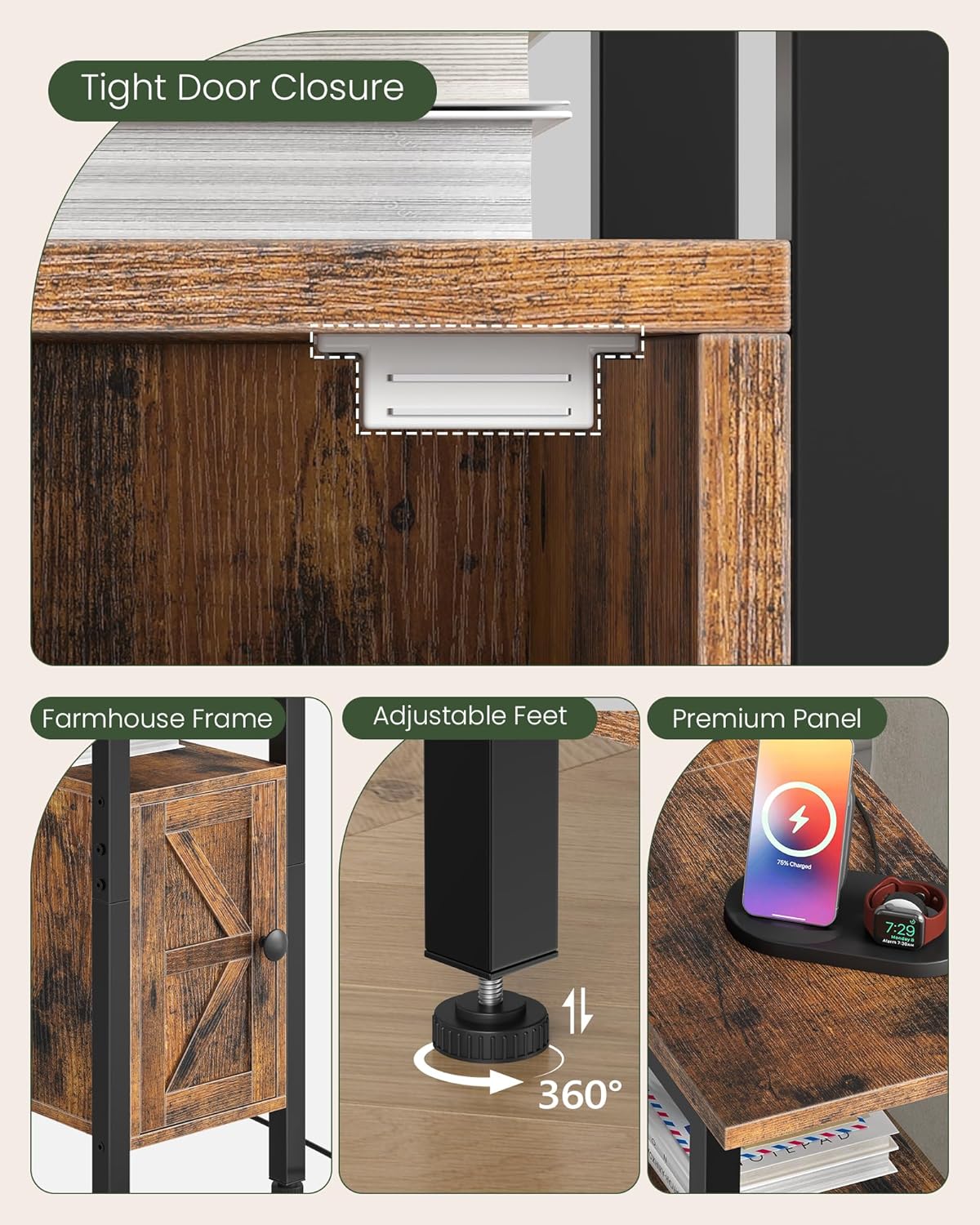 Farmhouse End Table, Narrow Side Table for Small Spaces, Slim Nightstand with Charging Station, with 2 AC Outlets, 1 USB and 1 Type-C Port, for Living Room, Bedroom, Rustic Brown TBZ08UBF