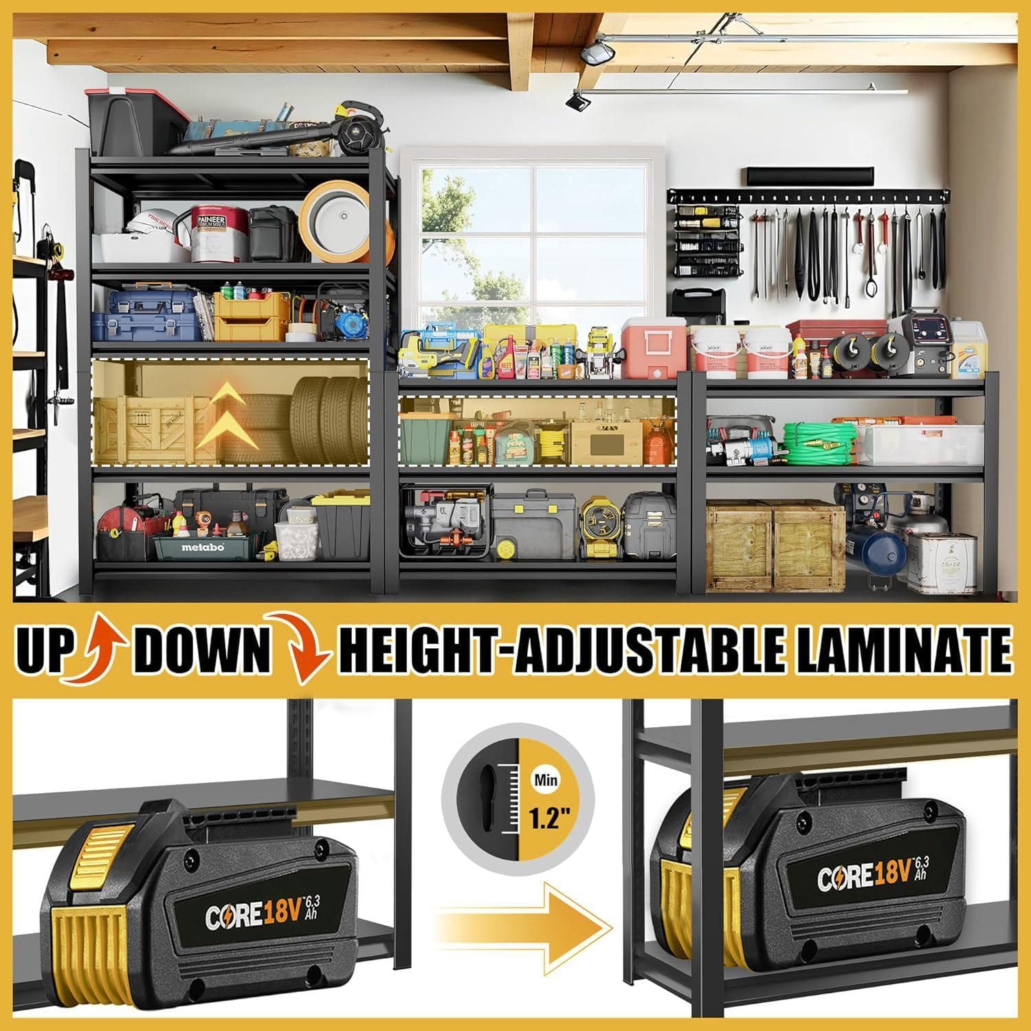 Heavy Duty Metal Garage Shelving Unit，5-Tier Adjustable Storage Shelves，3000 lbs Capacity，Steel Shelving for Garage，Basement，Warehouse & Tool Organization，71" H×36" W×16" D，Black