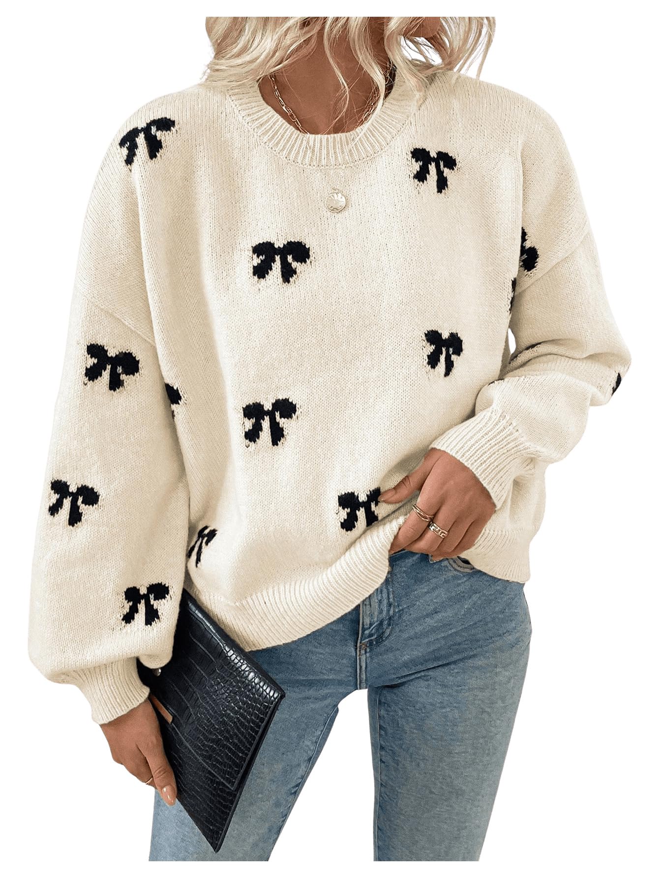 Womens Y2K Bow Print Sweater Crewneck Long Sleeve Drop Shoulder Knit Pullovers Sweaters Beige Large