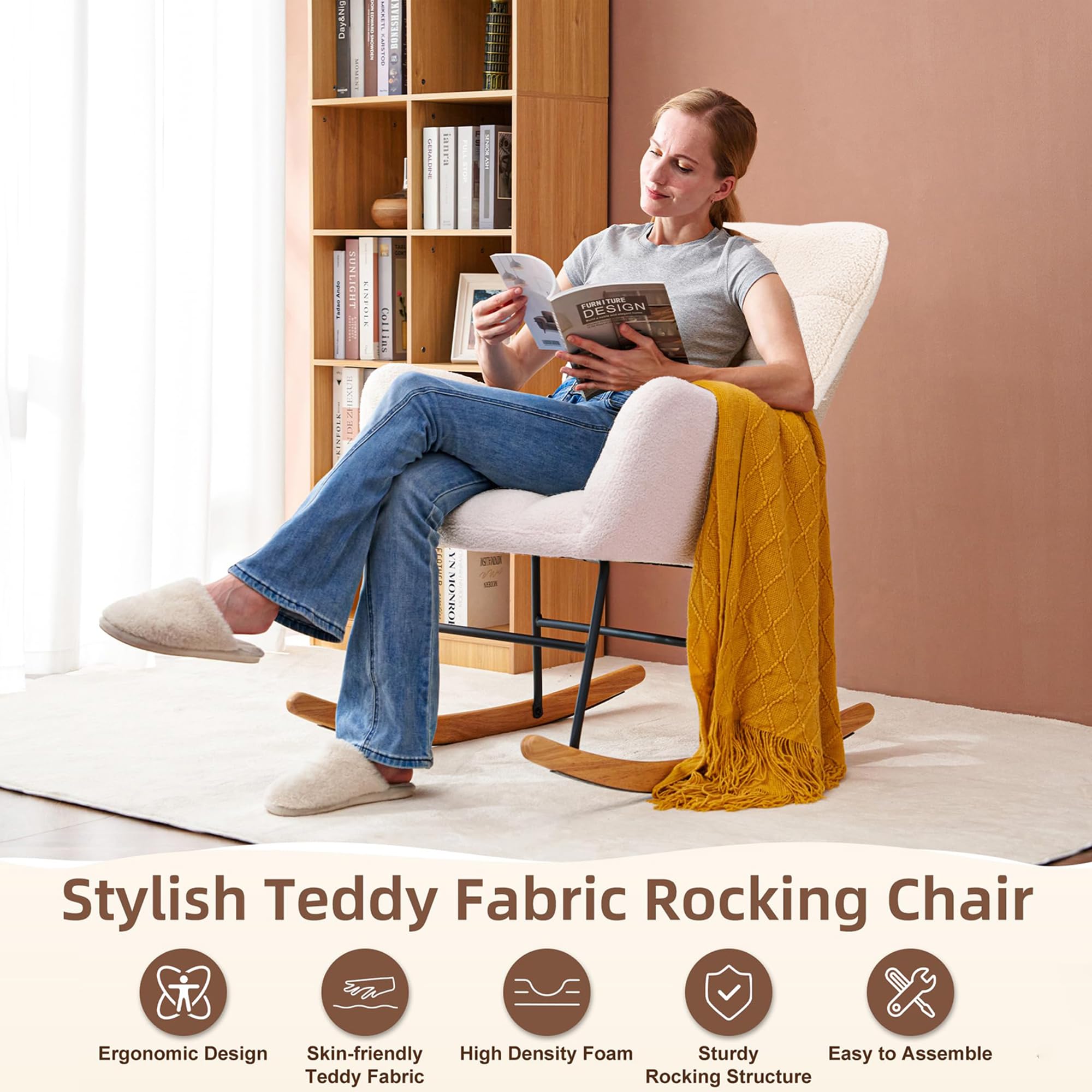 Fauteuil à bascule avec polaire Sherpa, bois massif et cadre en métal, fauteuil à bascule avec dossier haut, fauteuil de salon avec assise rembourrée, jusqu'à 130 kg, beige, DEZplsZM31924