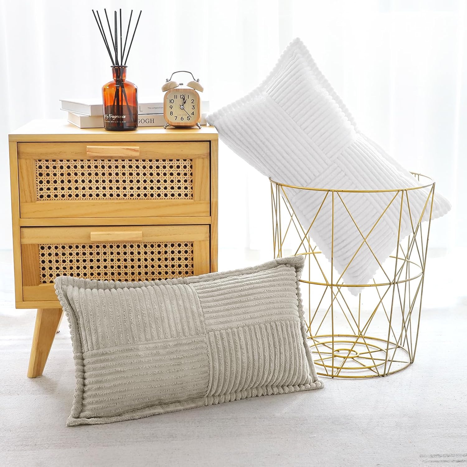 OTOSTAR Striped Corduroy Throw Pillow Covers with Splicing Super Soft Boho Pillow Covers Broadside Decorative Textured Throw Pillows for Couch Sofa Bed Living Room 12x20 Inch, White - Image 7