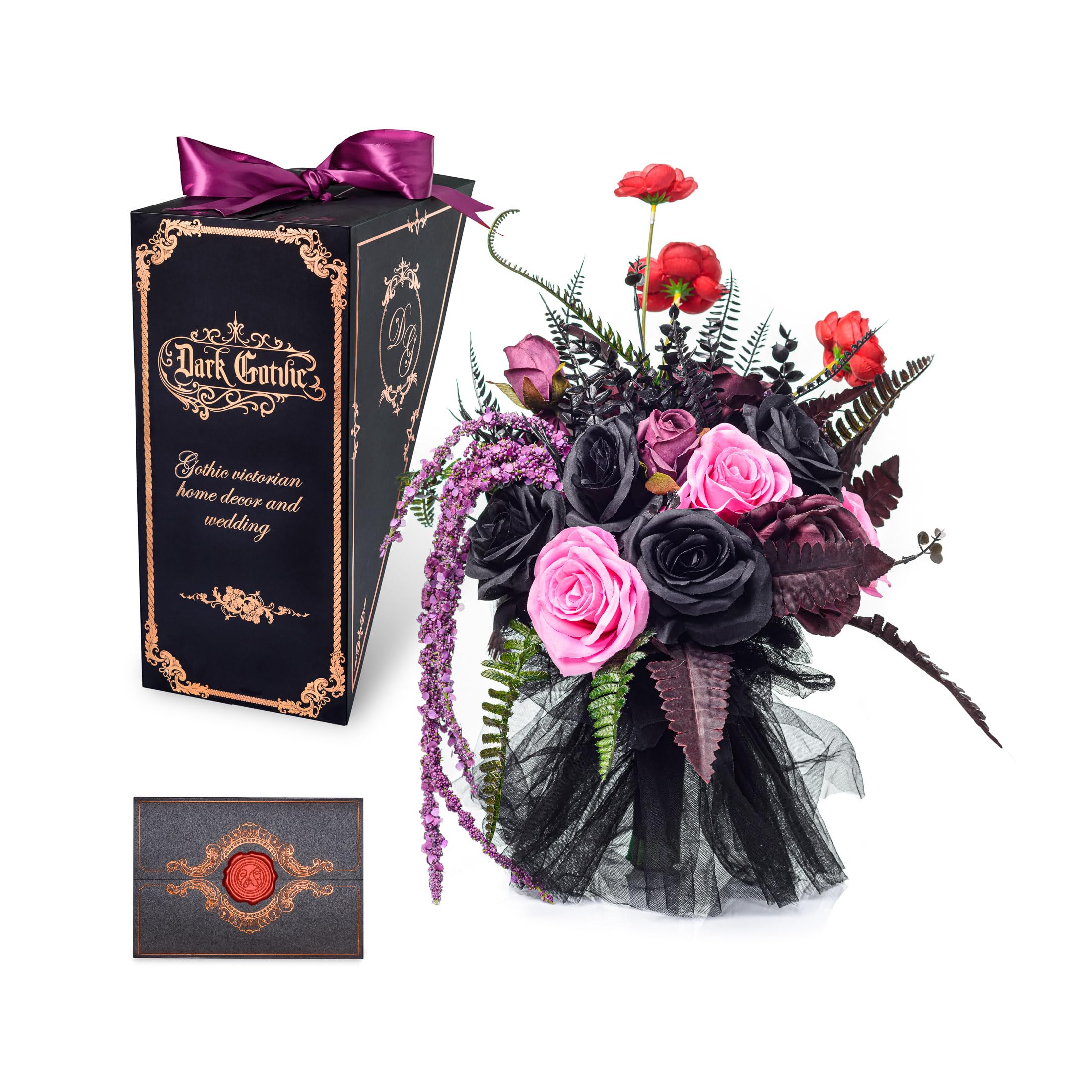Amazon｜ダークゴトヴィックゴシック造花ブーケ ブラック&ピンク