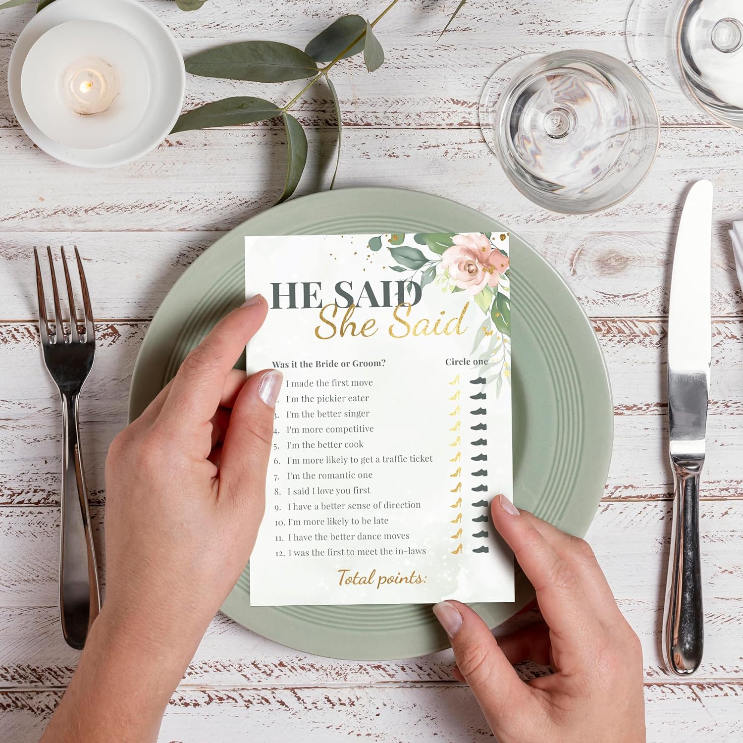 Bridal Shower Games + Advice Cards - For 30 Guests - 4 Activities on Double Sided Cards Includes 3 Games + 1 Advice Card - Greenery Floral With Gold Metallic Details for Wedding Showers - Set of 4