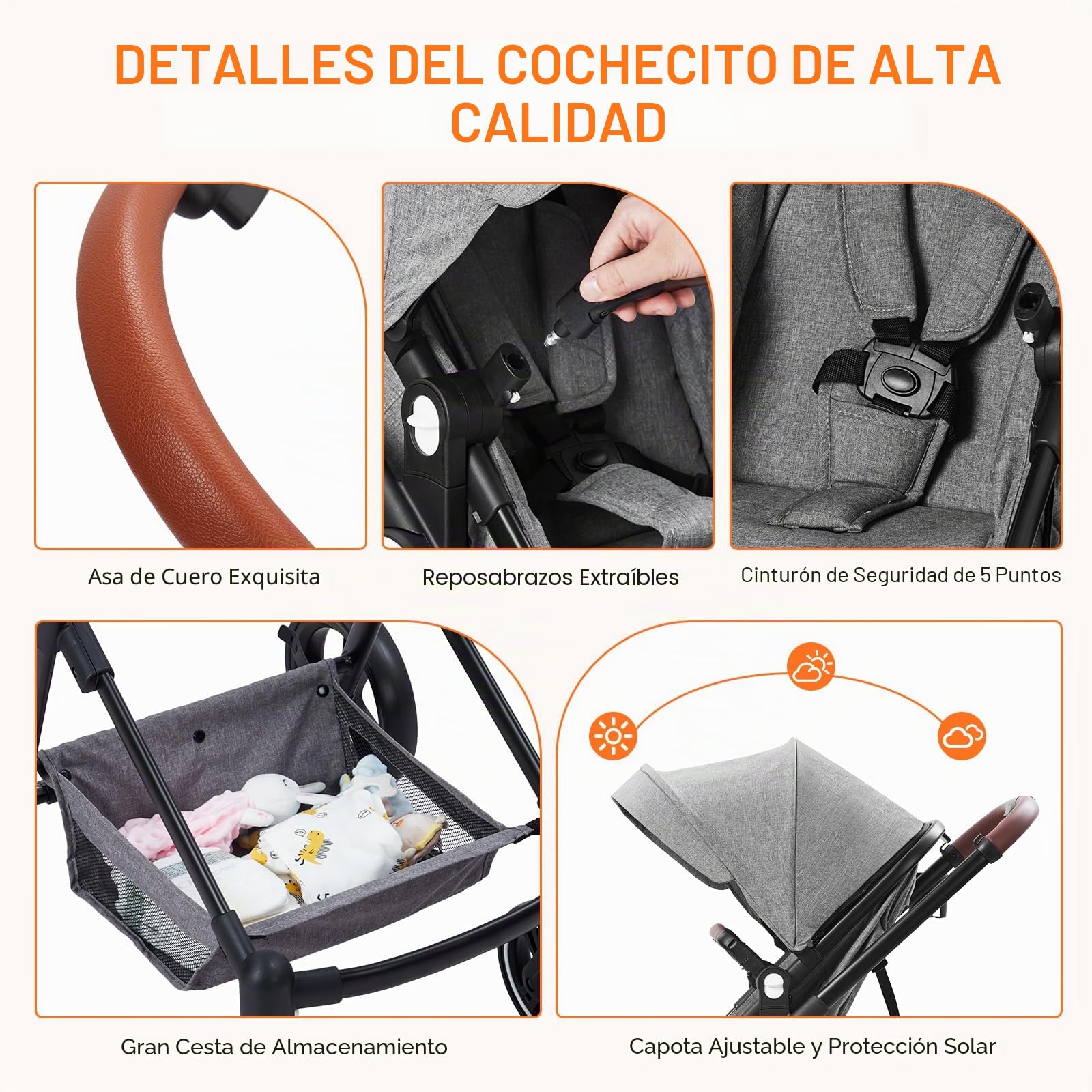 Cochecito 2 en 1, compacto y ligero, plegable, con asiento reclinable, capazo ajustable, para todo tipo de terrenos, 0-3 años (Gris)