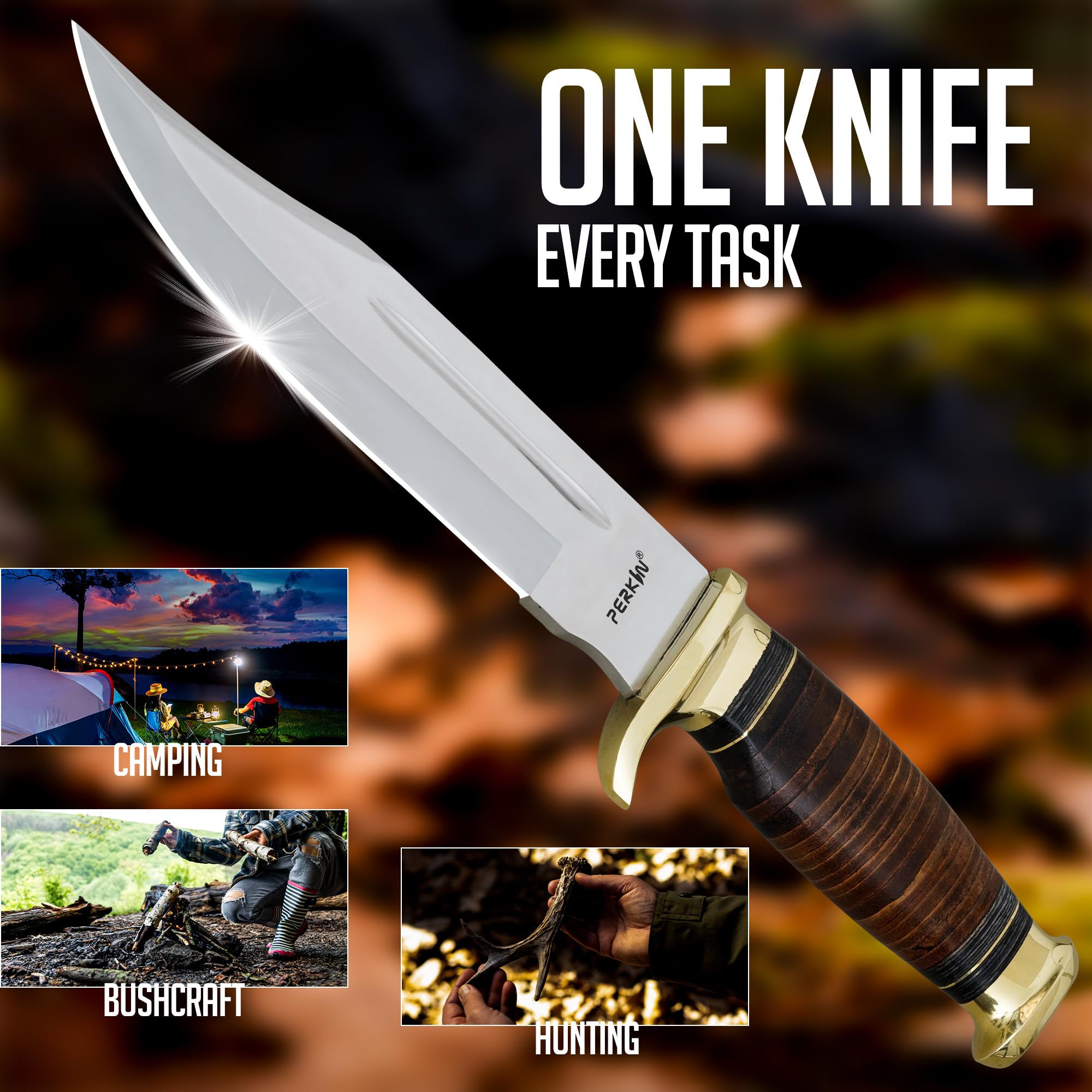 Perkin Cuchillo de caza hecho a mano con vaina fija cuchillo cuchillo mango de cuero