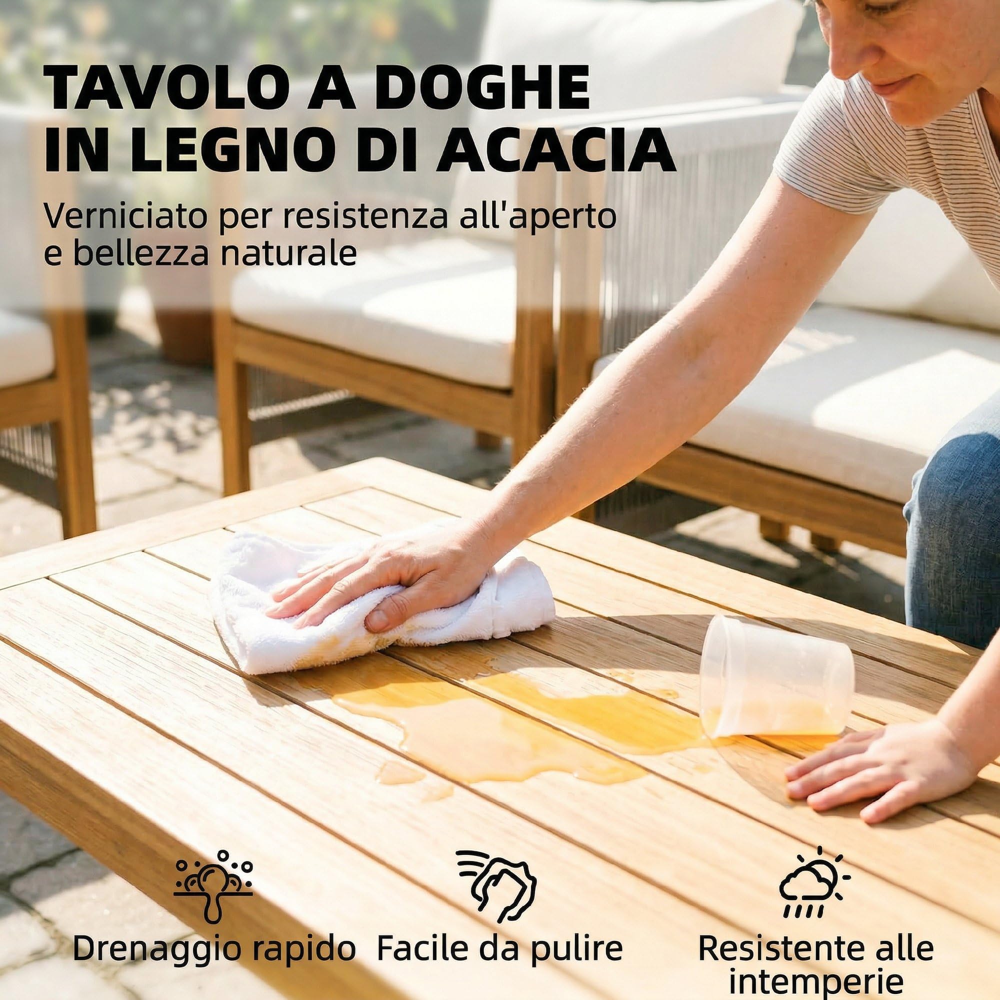 Outsunny Set Salotto da Giardino 4 Pezzi in Legno Acacia, Set di Mobili da Giardino con Divano 2 Posti, 2 Poltrone, Tavolino a Doghe, Cuscini e Decorazioni in Corda, per Patio Balcone, Beige/Naturale