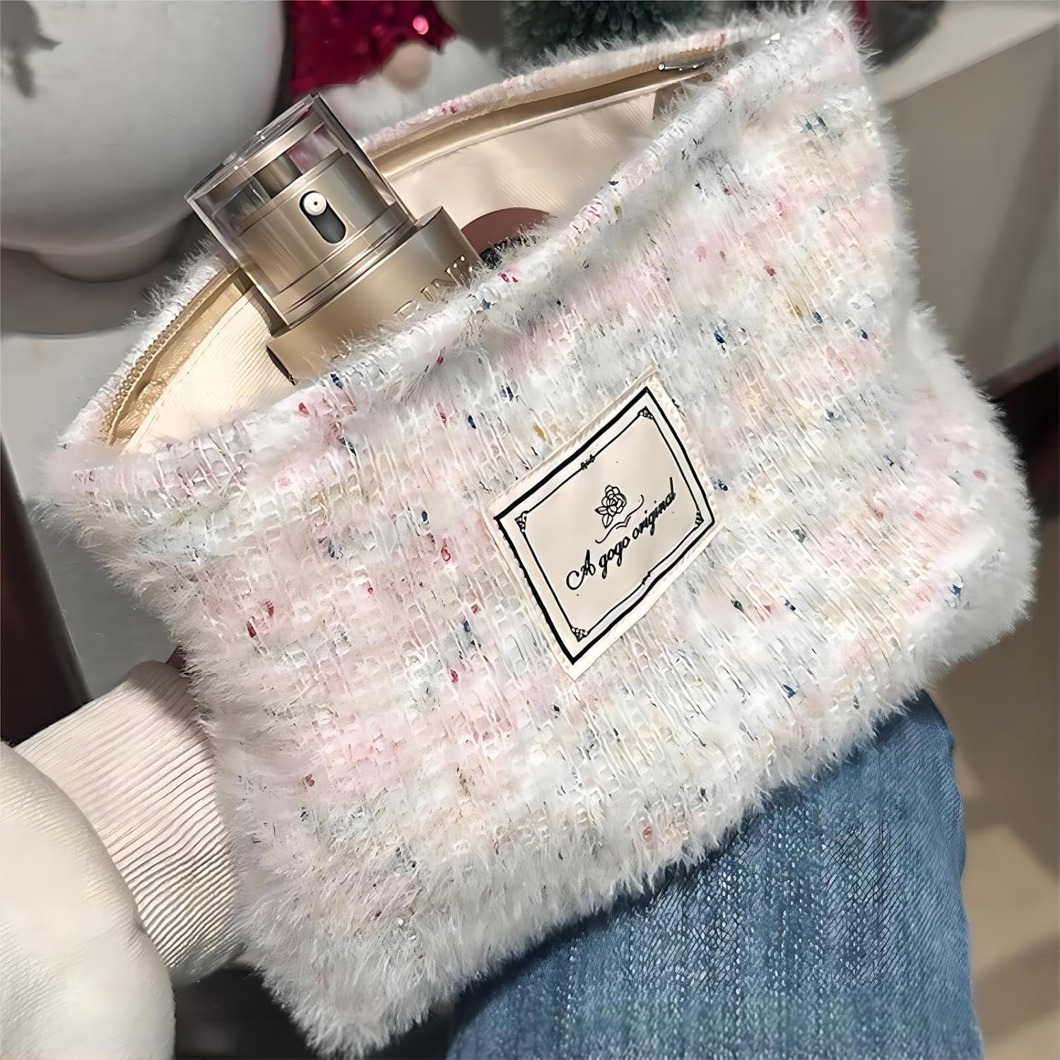 Aesthetic Makeup Bags for Purse Zipper Cosmetic Pouch Capacity Canvas Large Travel Toiletry Bag Organizer Make Up Bags for Women and Girls (Velvet White) image 4