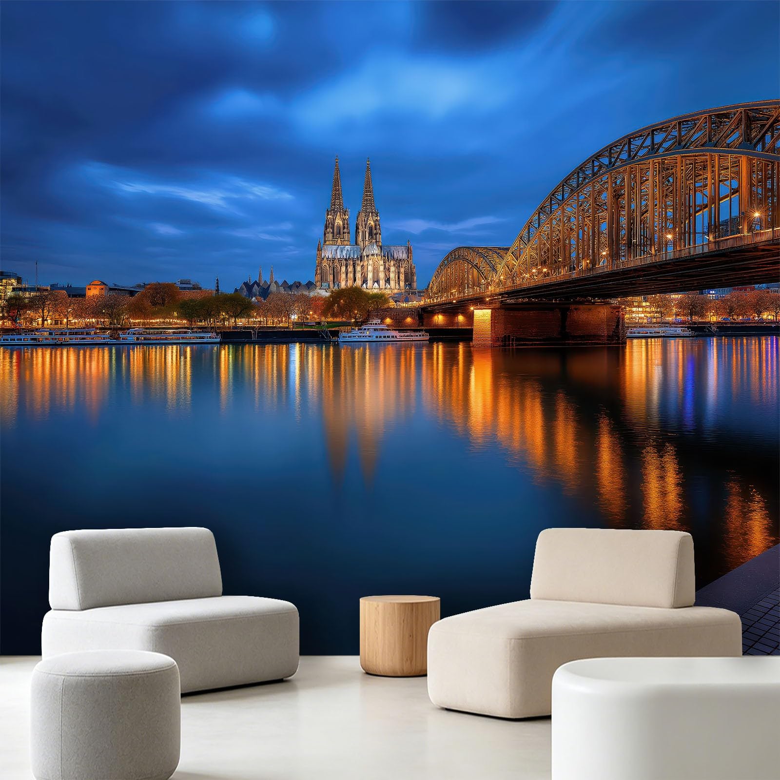 Genérico 3D Papel pintado Ciudad Puente Río 150x105cm - Papel pintado panorámico mural - Póster nocturno urbano Skyline - Decoración para sala de estar, dormitorio, cocina y baño