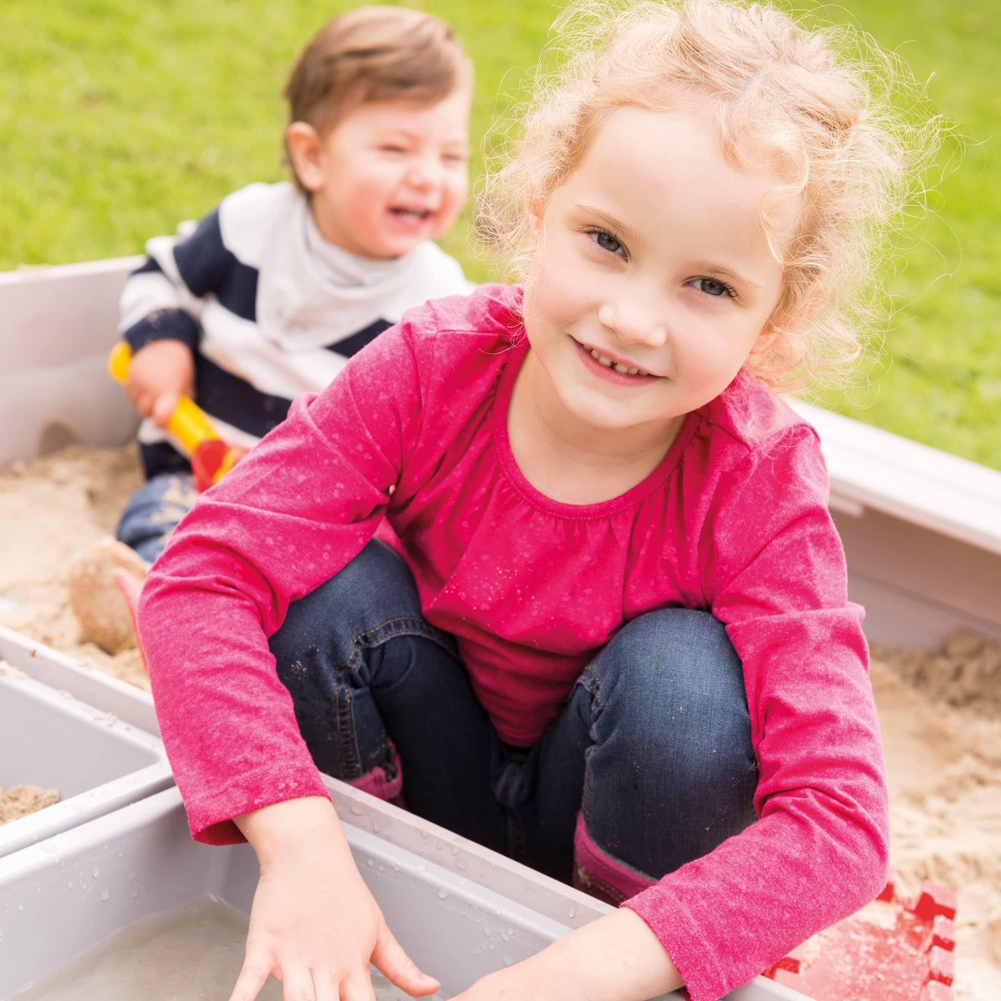 roba Sandkasten Outdoor + Spielwannen - Sandkiste aus wetterfestem Holz - 2 Spielwannen aus Kunststoff & 4 abnehmbare Sitzplatten - Massivholz grau lasiert – Bild 6