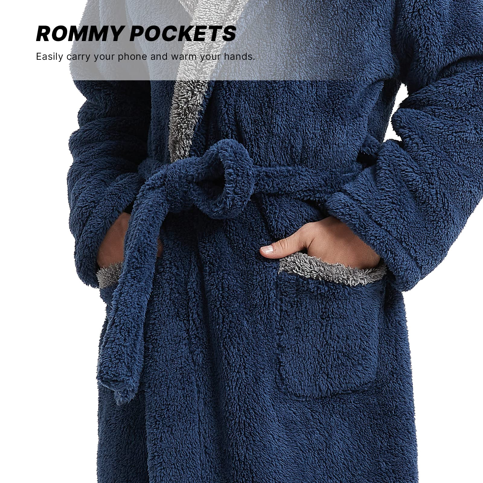 Akakios Men's Soft Plush Fleece Robe with Hood - Full Length Luxury Bathrobe with Pockets, Big and Tall Bath Robe for Men, Navy Blue, Large 3