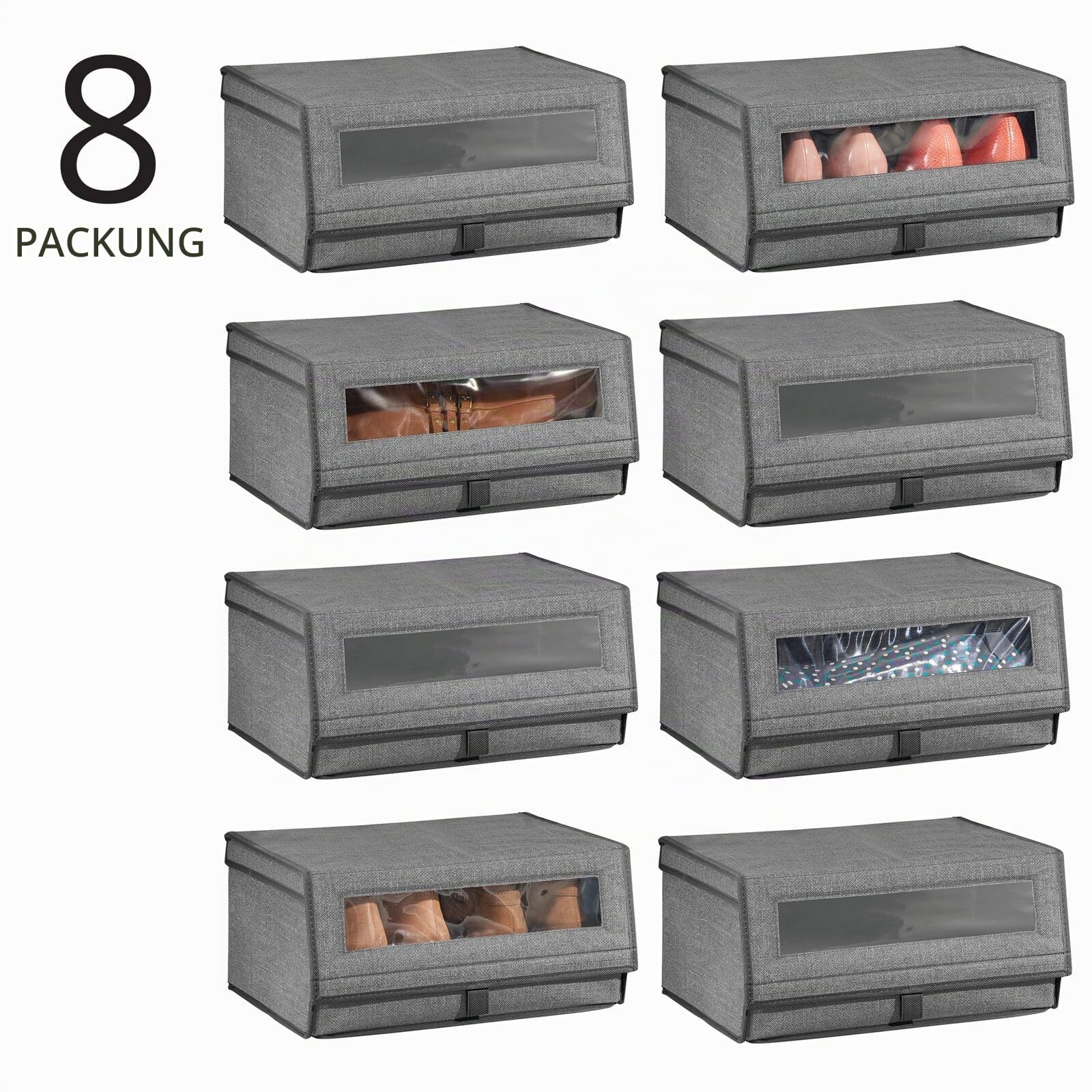 mDesign 8er-Set Schuhaufbewahrung aus Stoff – stapelbare Schuhbox mit Sichtfenster, Klettverschluss und Klappdeckel – Aufbewahrungsbox für den Schrank oder das Regal – dunkelgrau