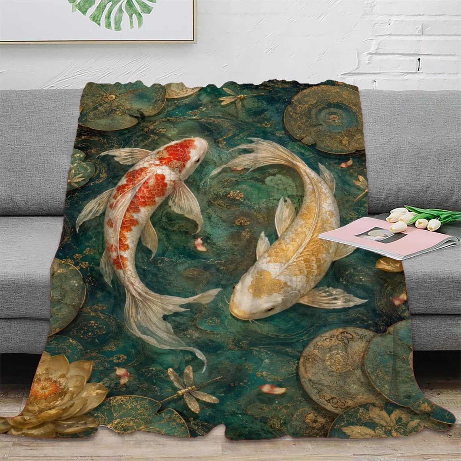 W7C8U2X3 Koi Fish Floral Blanket, Flannel, Reading, Tranquil Pond Print