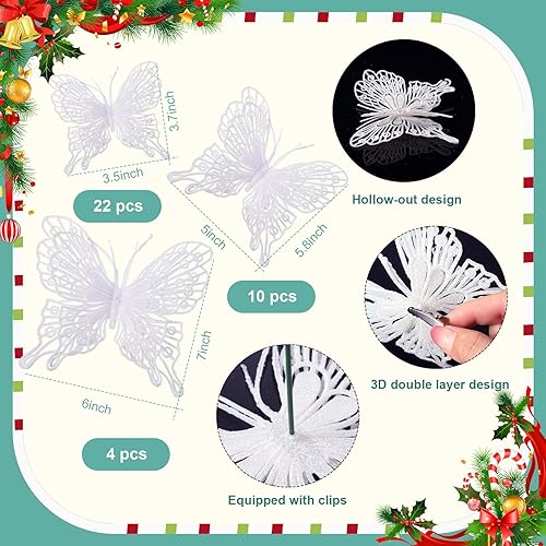 Miniatura 2 de Jutom 36 decoraciones de mariposa para árbol de Navidad, 3 tamaños, adornos de mariposa hueca con purpurina 3D, decoración de pared de mariposa