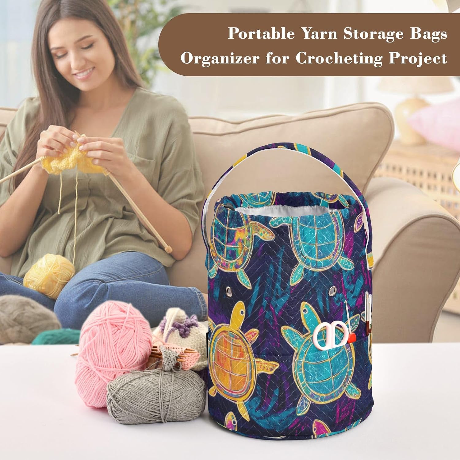 Tatenale Crochet Bag Yarn Bag Knitting Project Bag with Pockets and Handle Portable Yarn Storage Organizer Tangle Free 8.3x11 Inch Purple Graffiti Turtle image 4