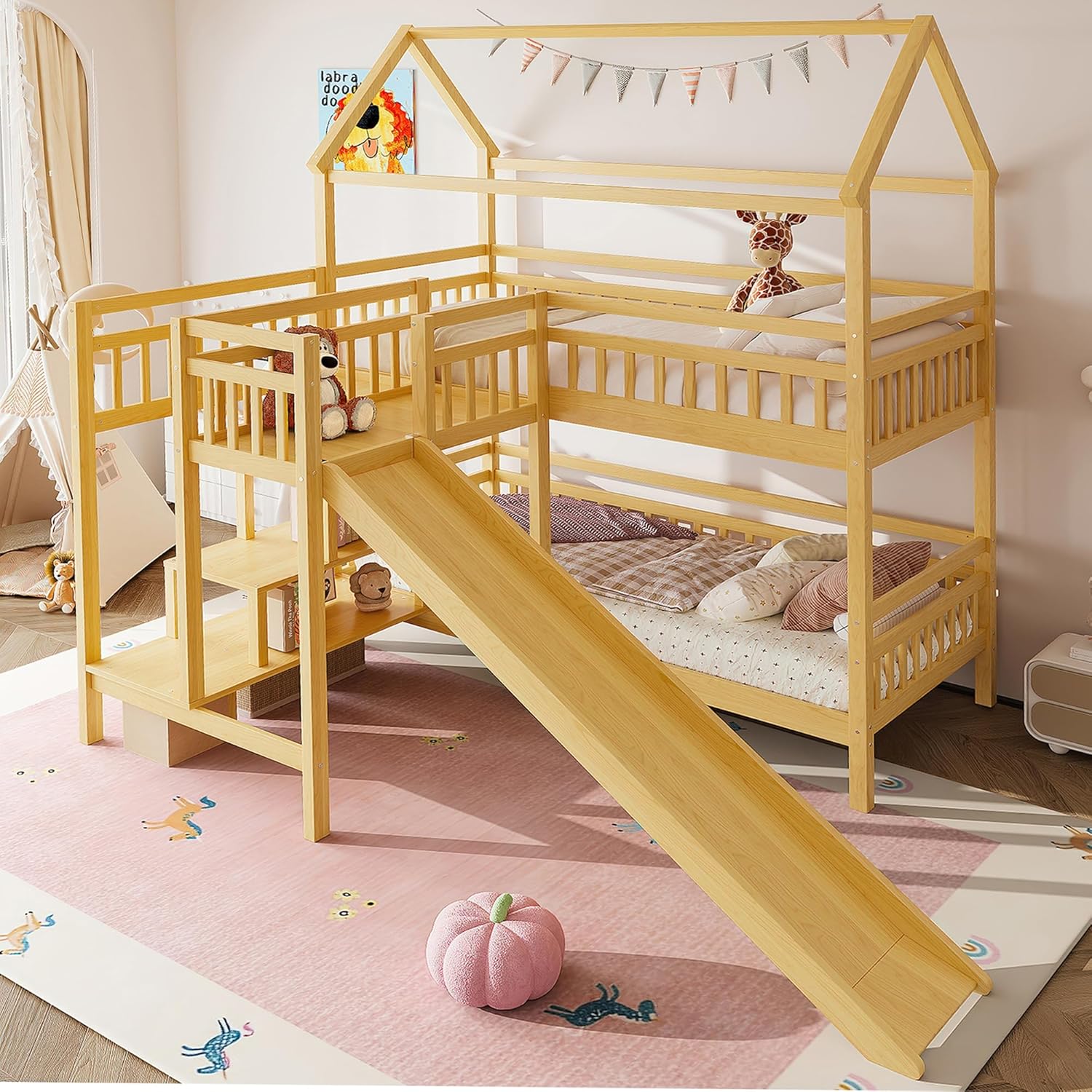 Twin over Twin Bunk Bed with Playhouse Design Roof, House Bunk Beds with Storage Stairs & Slide, Wood Bunkbed for Kids, Girls, Boys, Dual Layout Mode Adapted to Your Room and Childlike Design, Nature