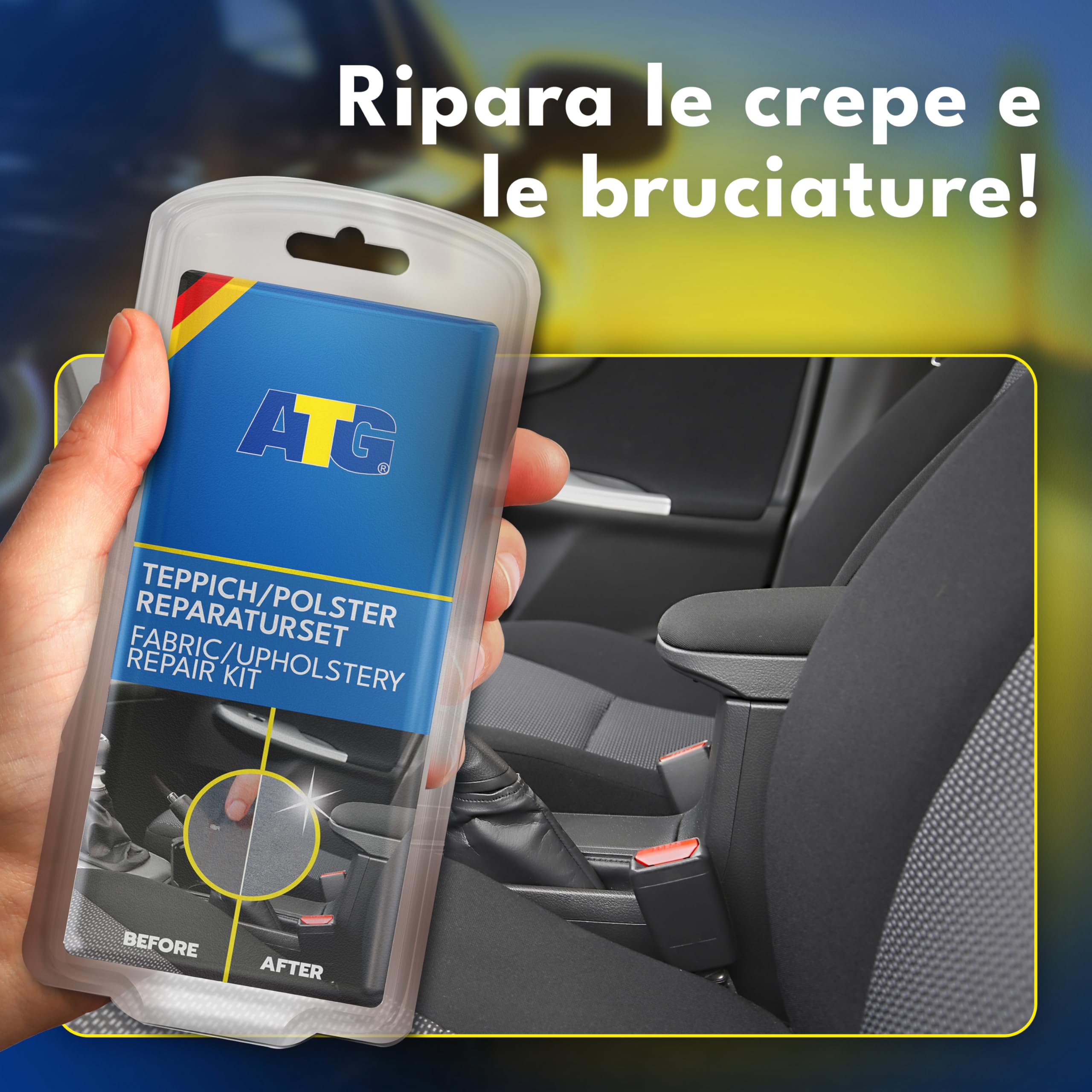 ATG® Kit riparazione sedili auto e tappezzeria – Riparazione tessuto per buchi, bruciature e strappi – 13 pezzi, 7 colori base miscelabili – Per auto, camion e casa
