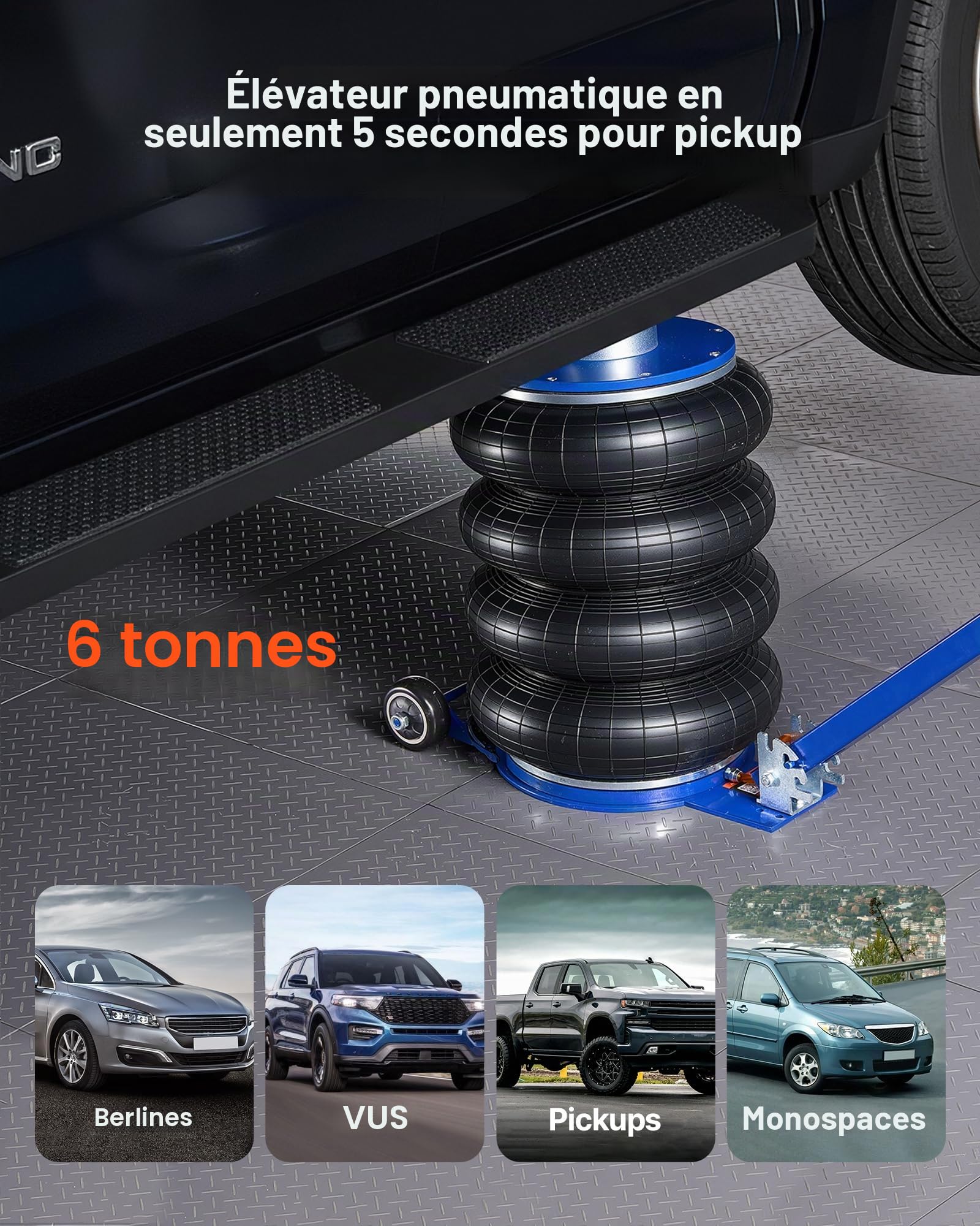 VEVOR Cric Pneumatique 6 T, Cric de Levage Pneumatique Capacité jusqu'à 673 mm avec Colonne de Rehausse, 4 Coussins d'air, Levage Rapide, Poignée Réglable, pour Réparation Voiture SUV Atelier Garage