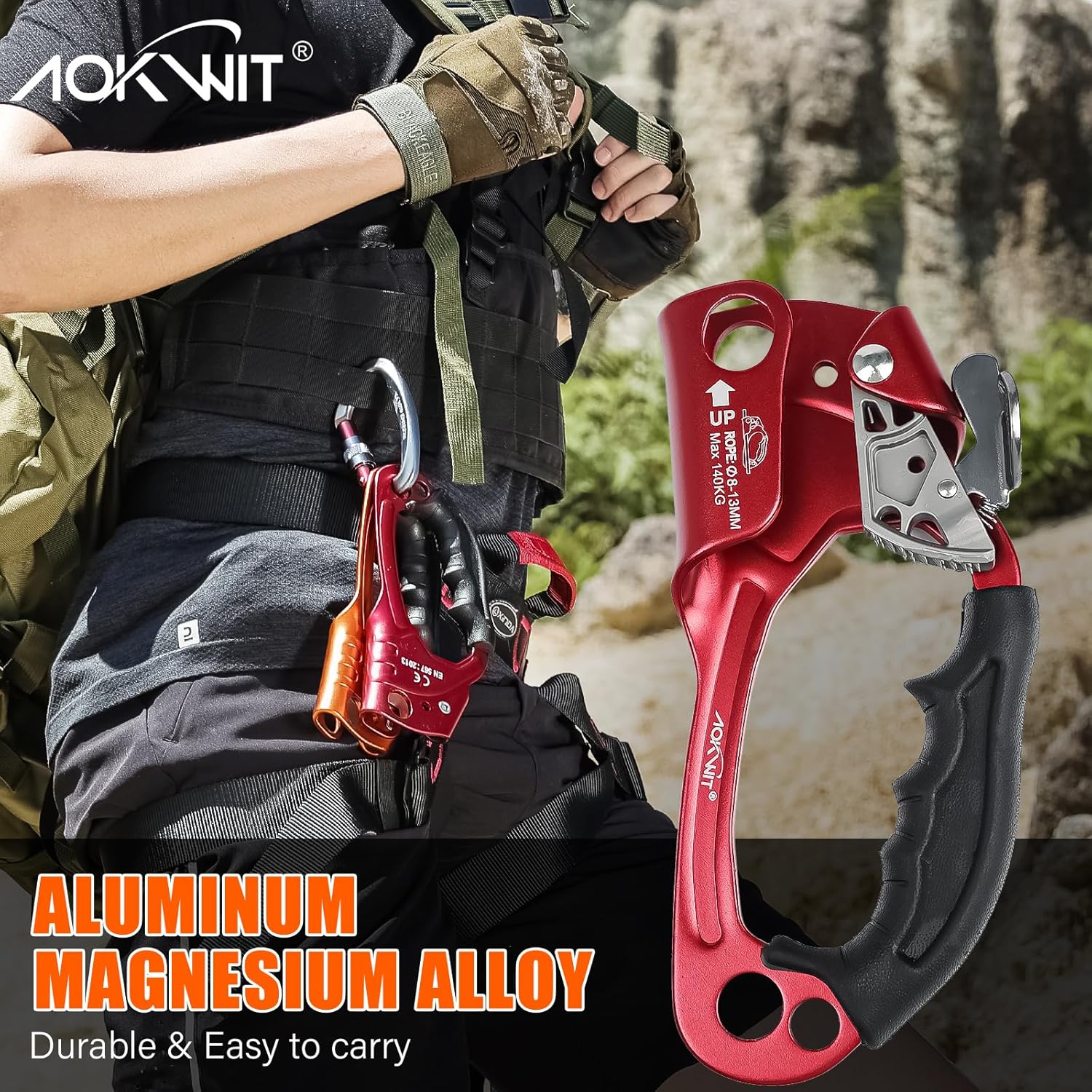 Hand Ascender with Ergonomic Rubber Handle Strong Rappelling Gear Equipment and Zip Line Pulley Durable Aluminum Stainless Steel Roller Double Climbing Pulley for Hauling Rock Climbing Tree Arborist