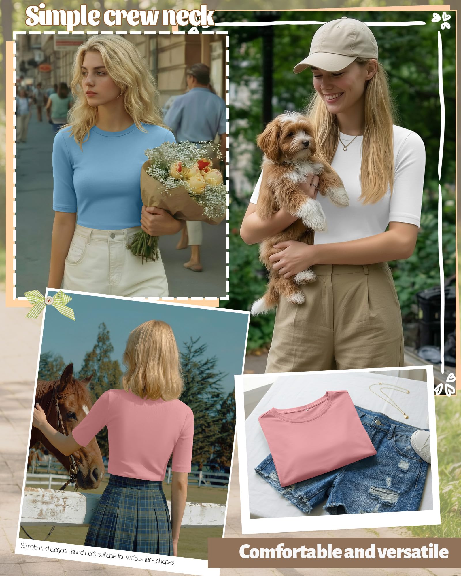 Neer Pack de 4 Camisetas para Mujer con Media Manga, Longitud del Codo, Corte Estrecho, Cuello Redondo, 1 2 Mangas, Camiseta básica de Verano