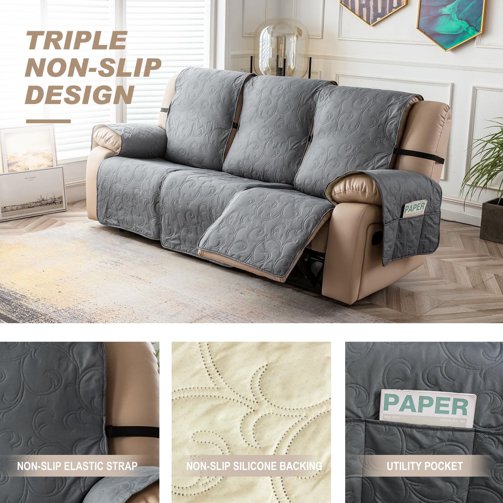 Genina Couch Covers for 3 Cushion 100% Waterproof Couch Sofa Reclining Sofa Covers 3 seat Couch Covers for Reclining couches Furniture Protector for Dog (Dark Gray, 3 Seater)