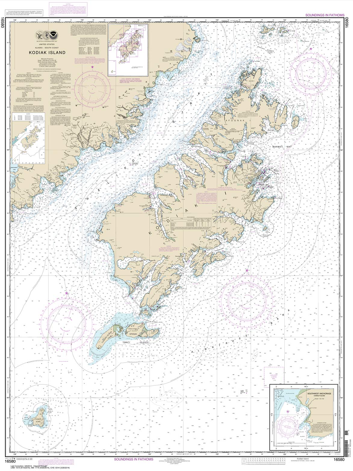 NOAA Chart 16580: Kodiak Island; Southwest Anchorage: Chirikof Island 21.00 x 27.94 (Small Format Waterproof)