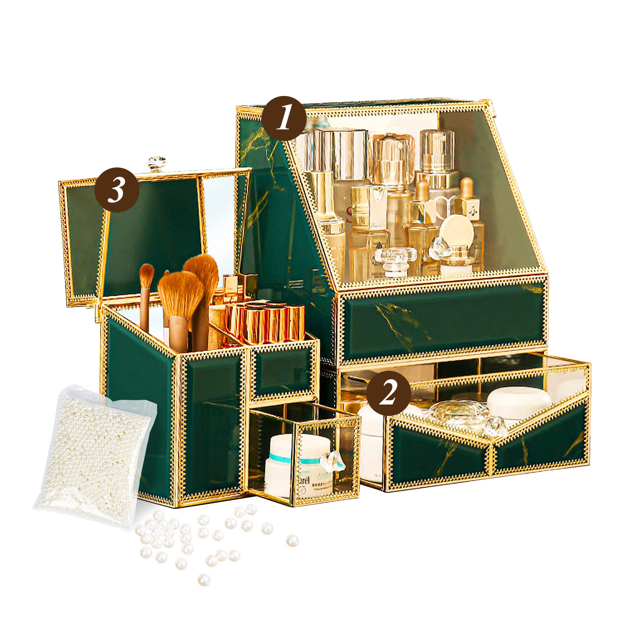 Youdepot Makeup Organizer,Makeup organizer for vanity,Luxury Tempered glass skincare organizers dresser organizer,makeup brush organizer Vanity Organizer. (Emerald Green)