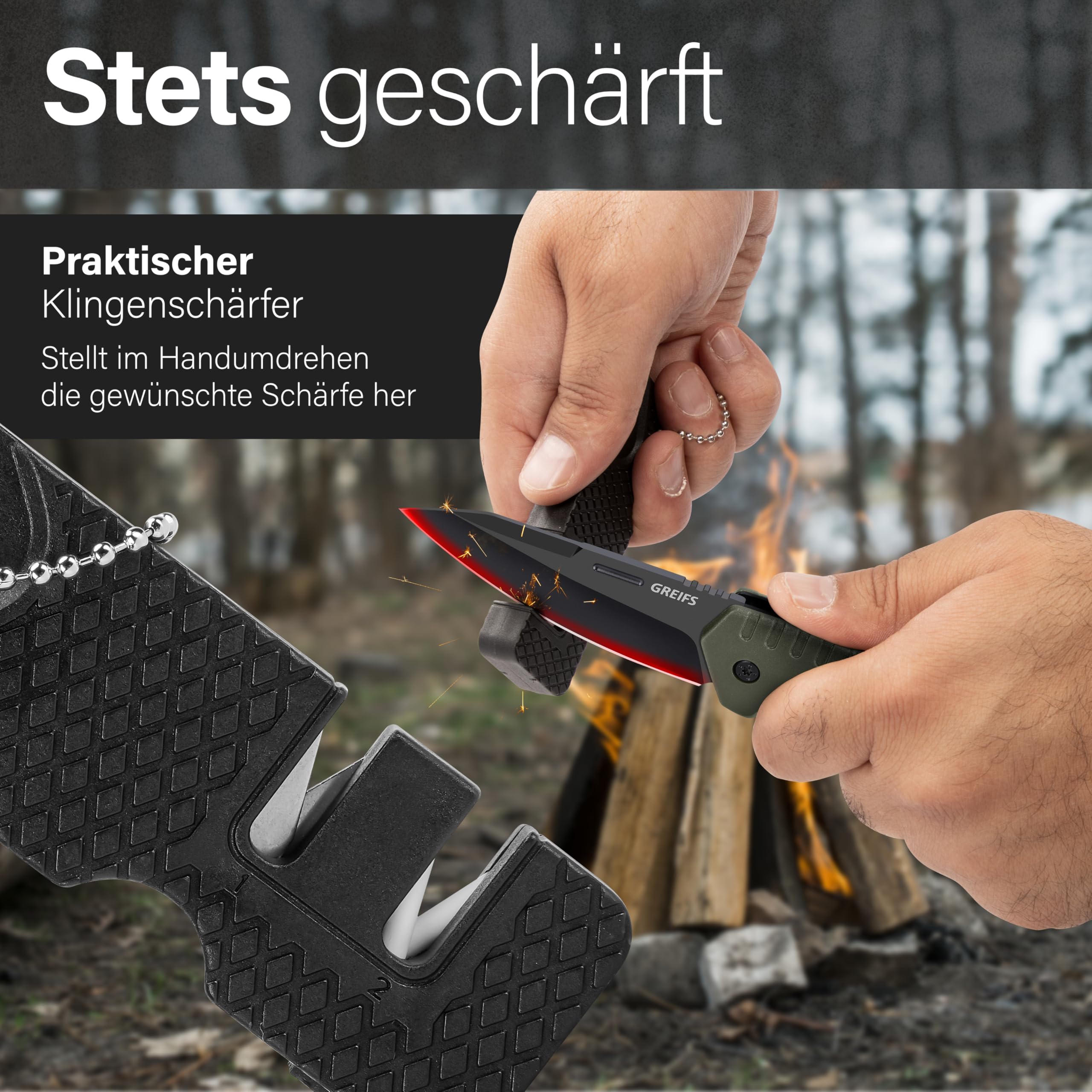 GREIFS® Klappmesser G1 (Zweihandmesser) Messer mit Tasche, Outdoor & Survival Taschenmesser, Überlebensmesser, Jagdmesser (G1+Messerschärfer, Black)