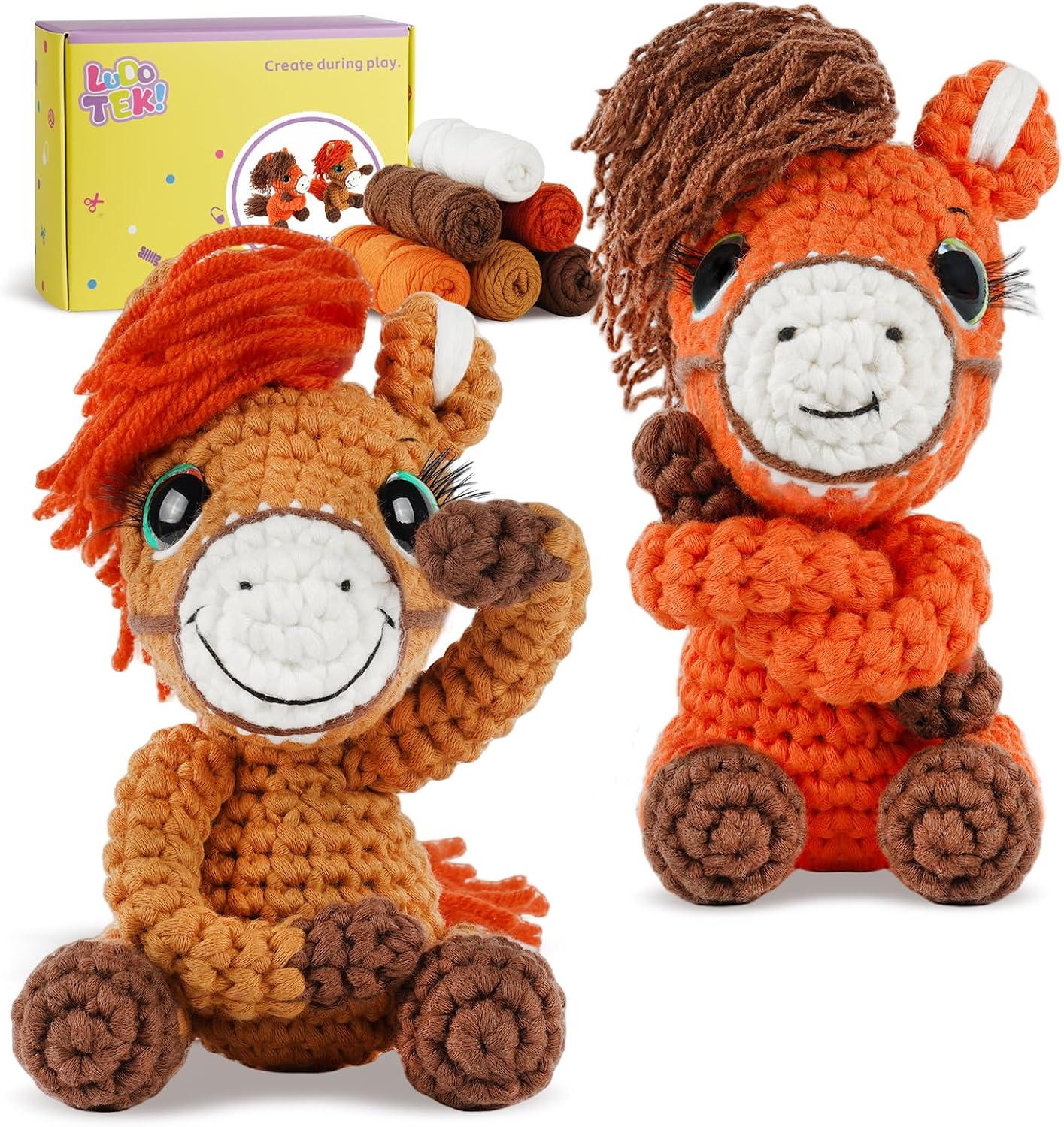 LUDOTEK Crochet Kit for Beginners, Crochet Animal Kits,Crocheting Kit for Starters with Step-by-Step Video Tutorials, Beginner Crochet Kits for Adults(2 Pack Pony)