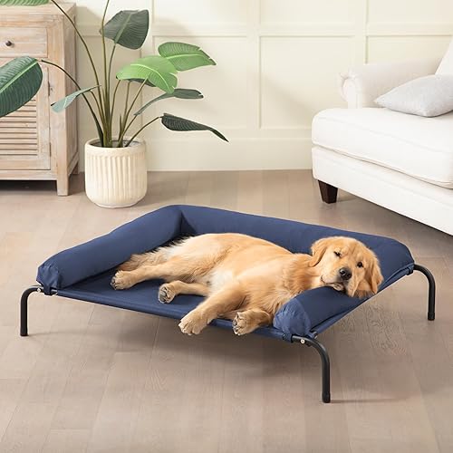 Cooling Elevated Dog Bed for Large Dogs, Outdoor Raised Dog Beds Portable Dogs Cot Bed W/Breathable Mesh, Pet Cots W/Removable Waterproof Bolster